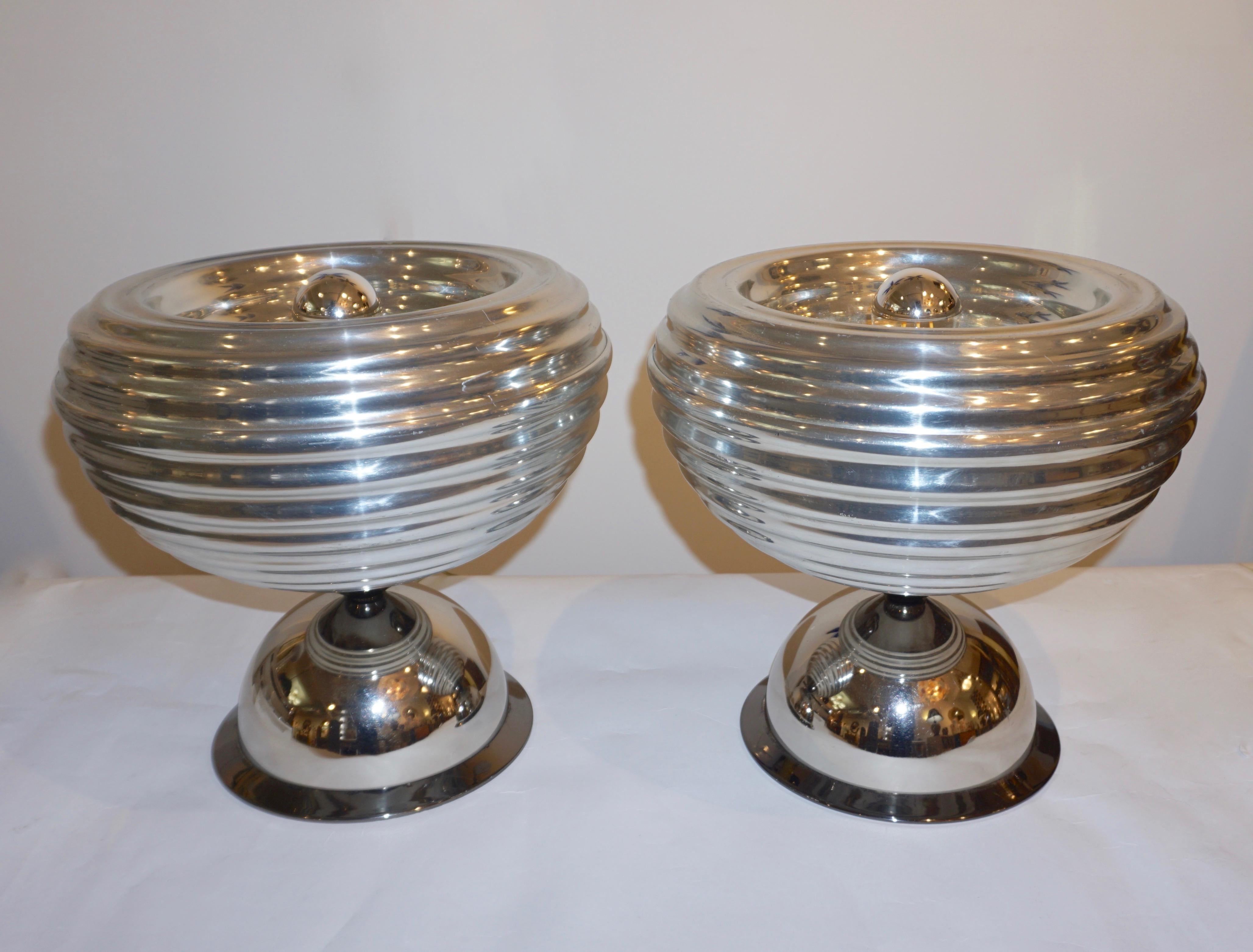 Mid-Century Modern Flos 1960s Silver Tone Pair of Castiglioni Round Polished Aluminum Table Lamps