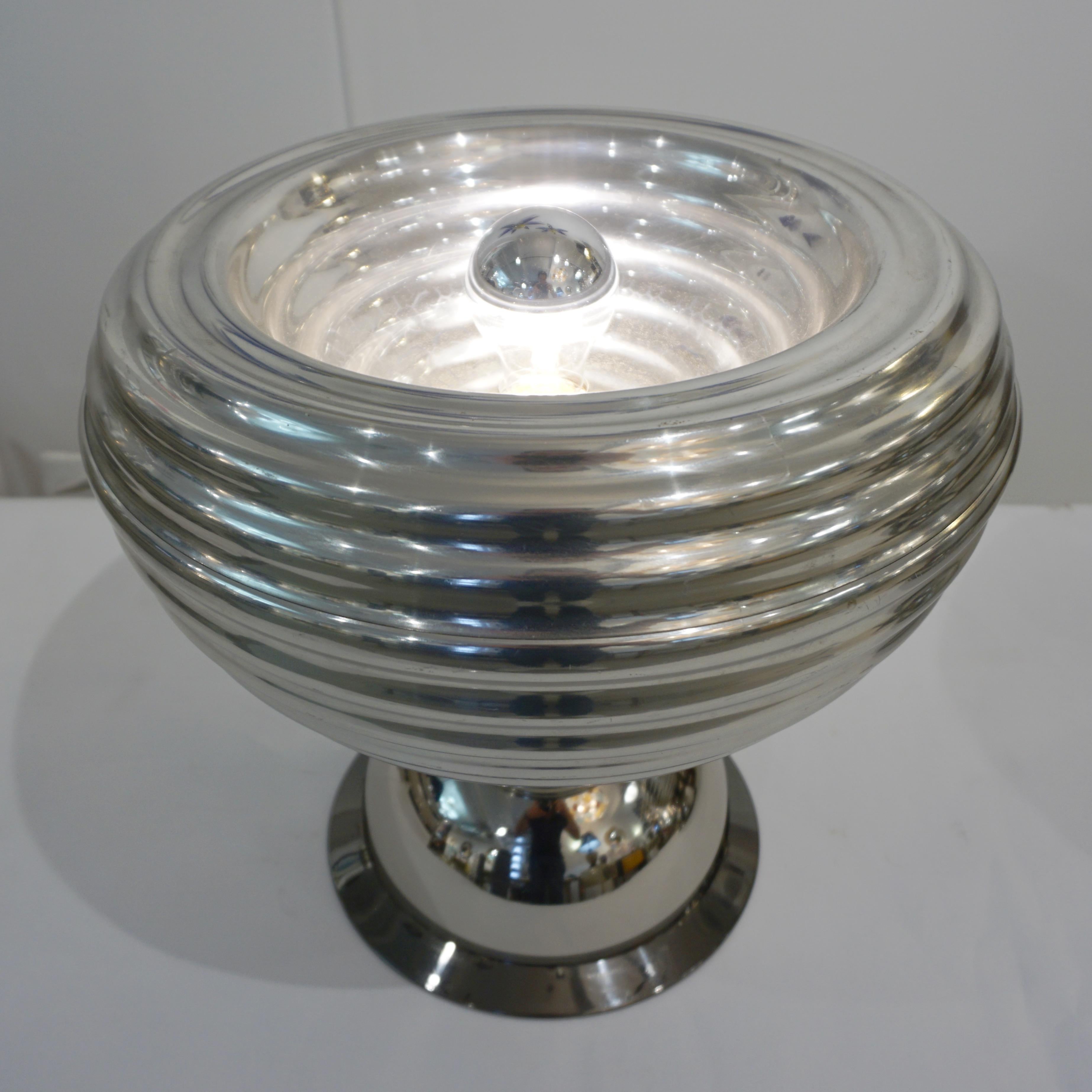 Flos 1960s Silver Tone Pair of Castiglioni Round Polished Aluminum Table Lamps 2