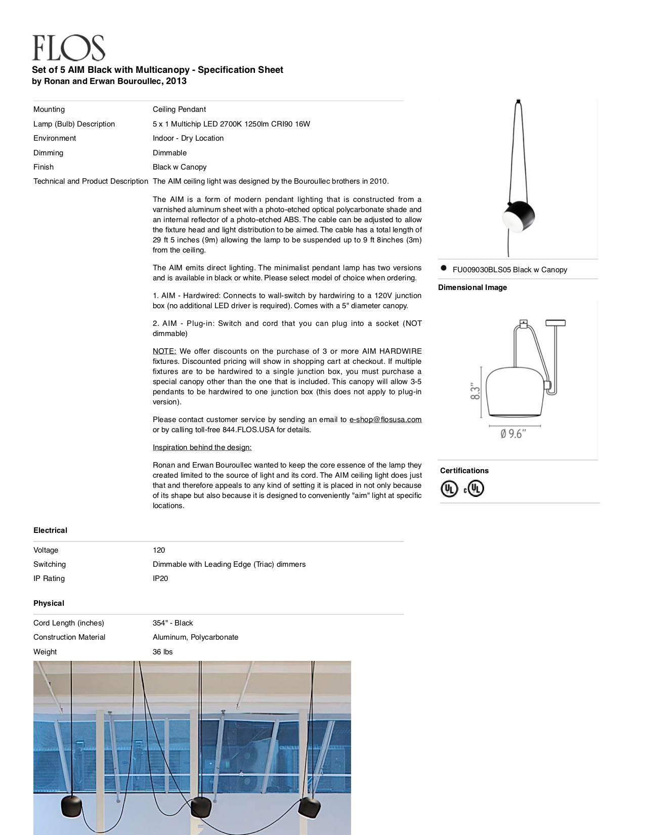 Bouroullec Modern Black Pendelleuchte Aim Five Light Set w / Baldachin für FLOS, auf Lager im Angebot 2