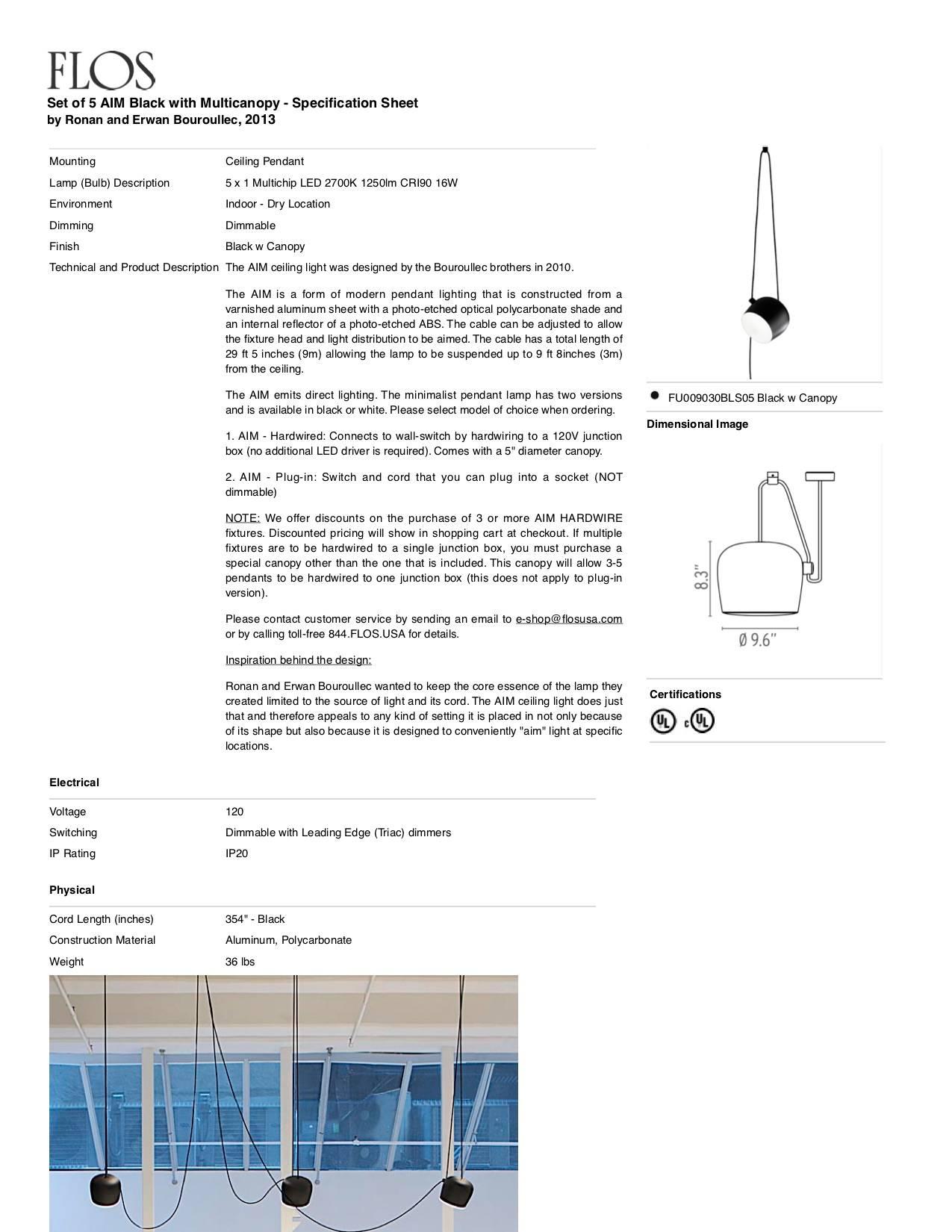 Bouroullec Colgante Moderno Negro Aim Juego de Cinco Luces c/ Toldo para FLOS, en stock en venta 3