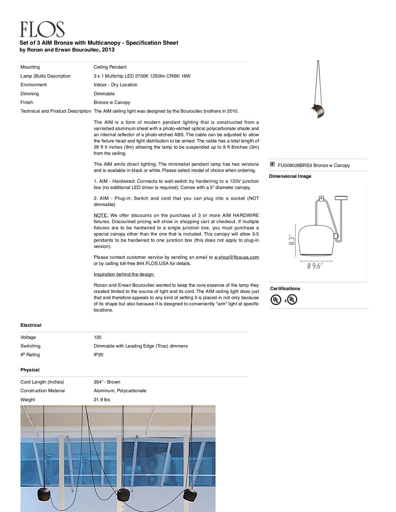 Contemporary Bouroullec Modern Bronze Pendant Aim Three Light Set & Canopy for FLOS, in stock