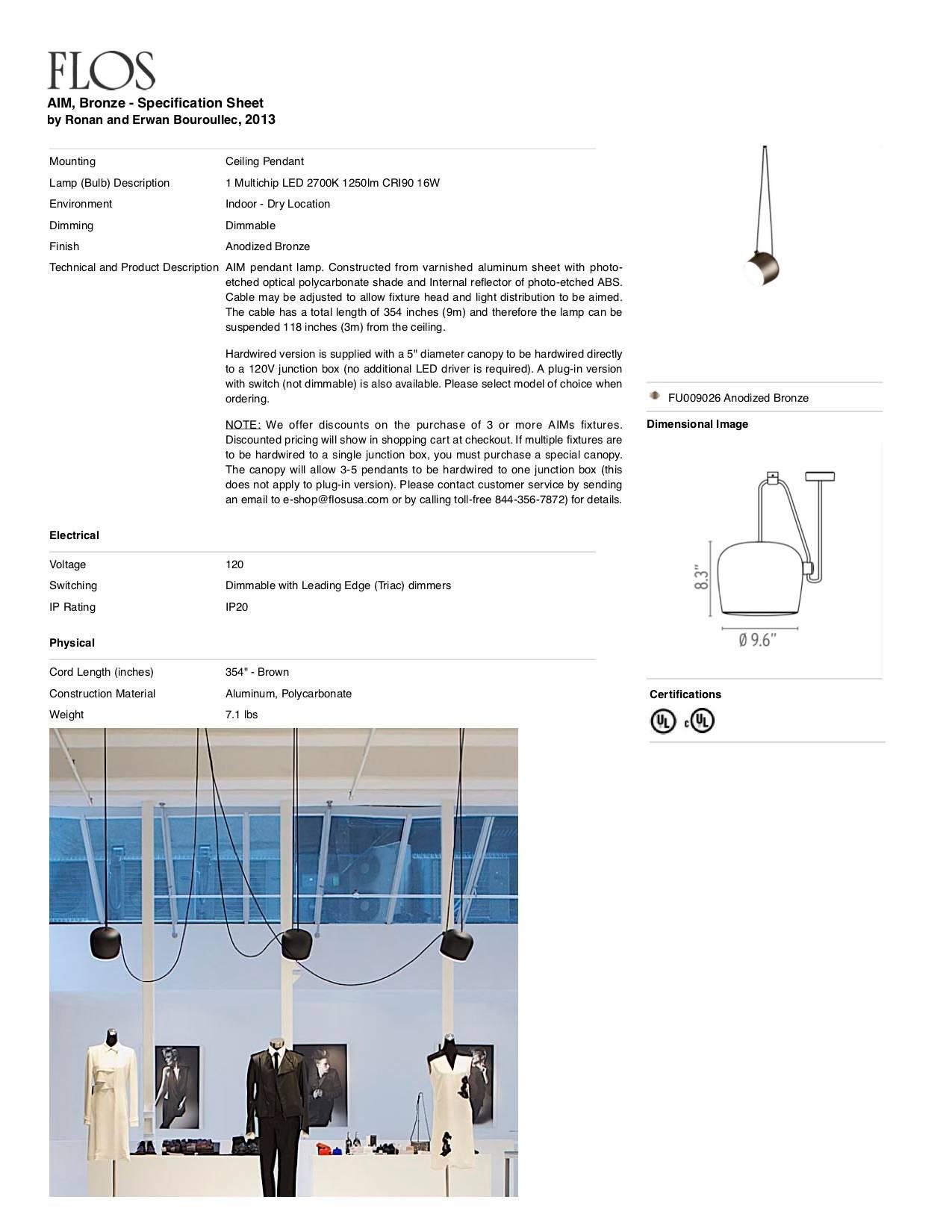Contemporary Bouroullec Modern Bronze Hanging Aim Pendant Light for FLOS, in stock