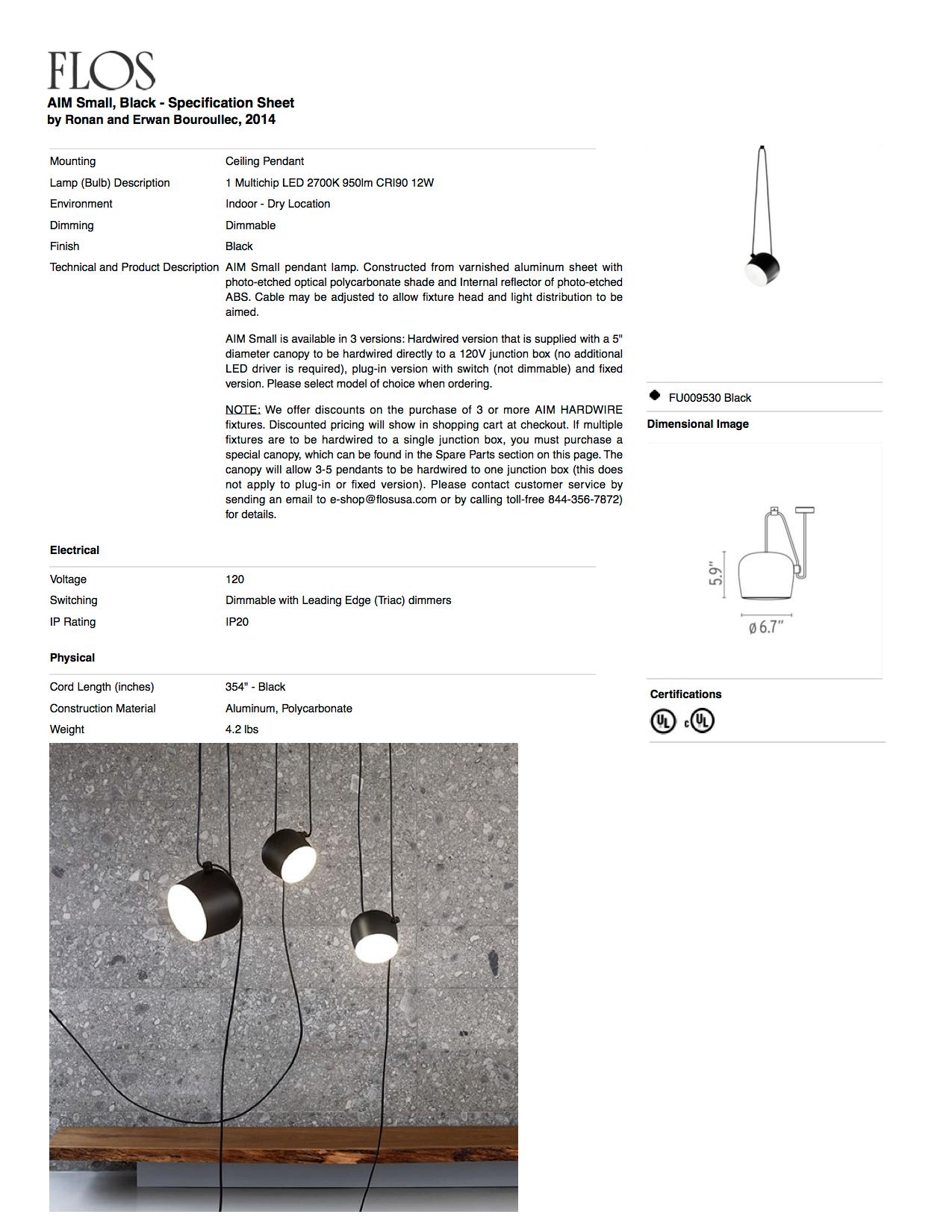 Bouroullec Modern Black Hardwired Small Aim Light Hanging Pendant, per FLOS in vendita 13