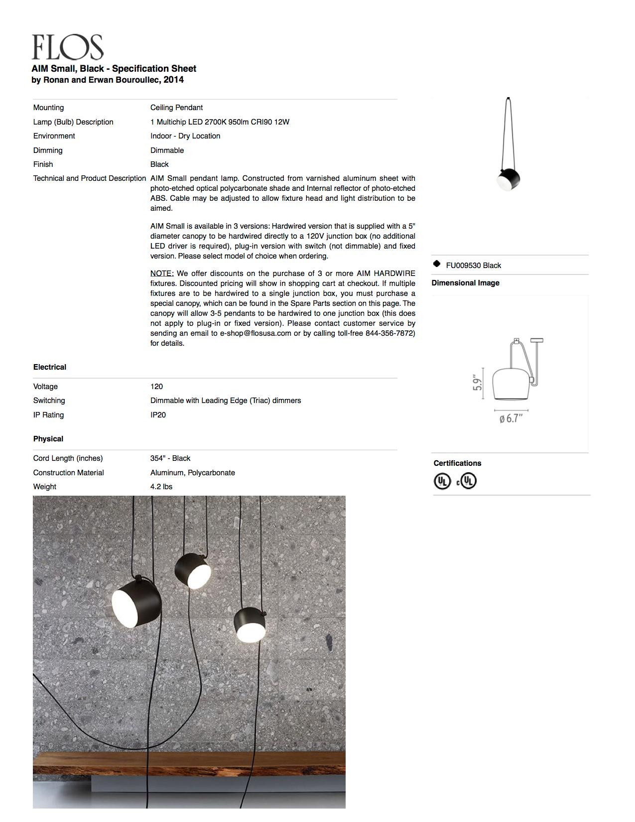 Bouroullec Modern Black Hardwired Small Aim Light Hanging Pendant, for FLOS For Sale 12