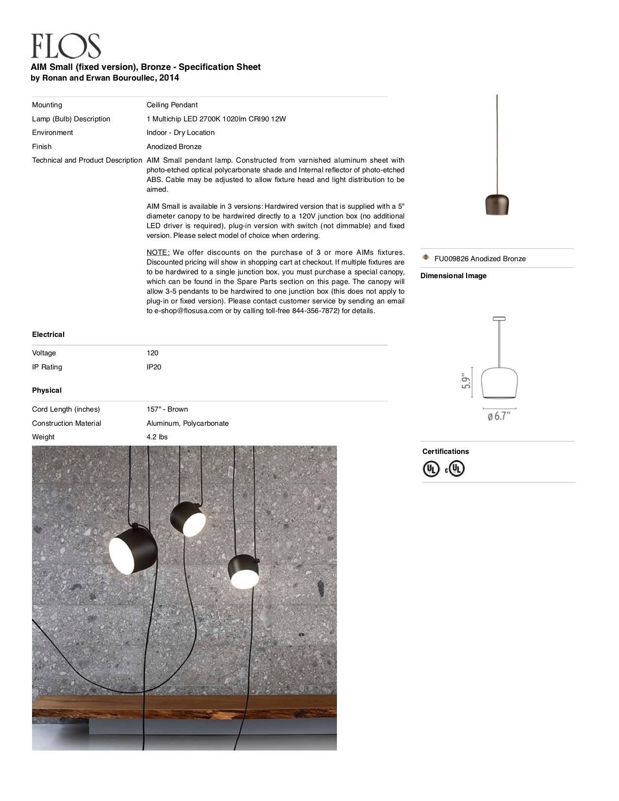 Italian Bouroullec Modern Bronze Custom Small Aim Light Hanging Pendant or Bedside, FLOS