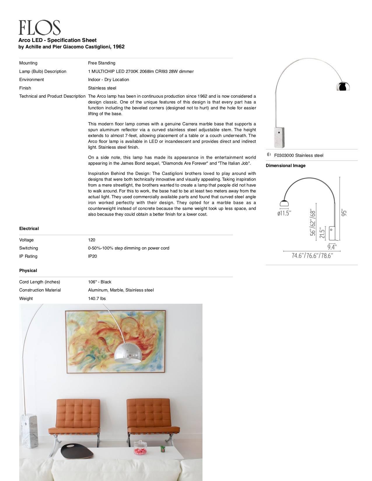 Moderne Stehlampe Castiglioni Arco aus Edelstahl und Marmor mit Bogen, FLOS, auf Lager im Angebot 7