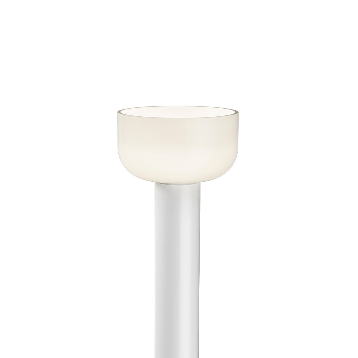 Floor lamp with indirect light. Stem in painted aluminium: shiny white, brick, cioko, green. Reflector in shiny opal white and grey blown glass. Electrical cable of 270 cm usable length with foot dimmer switch for ON/OFF function and brightness