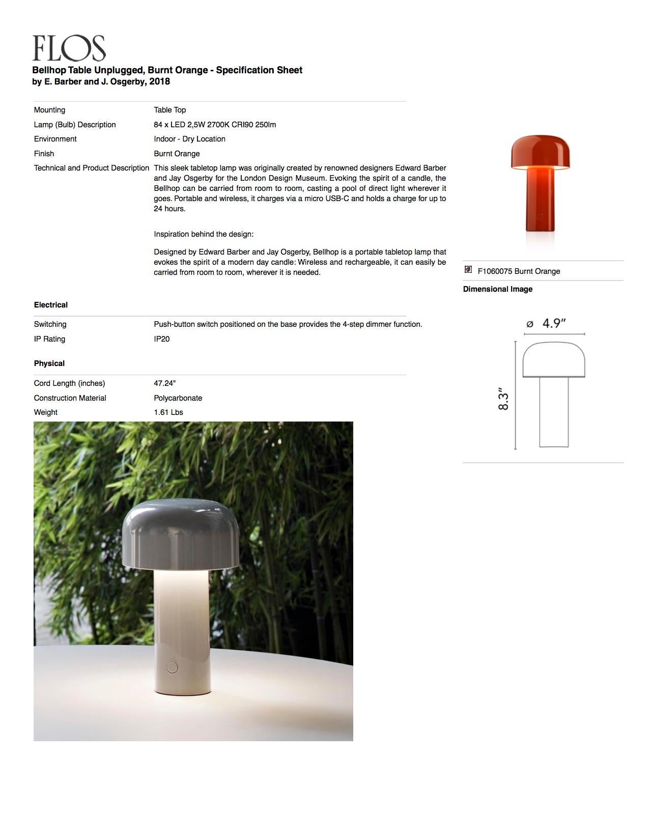 Modern Bellhop Burnt Orange Portable Rechargeable Wireless Desk & Table Lamp for FLOS For Sale
