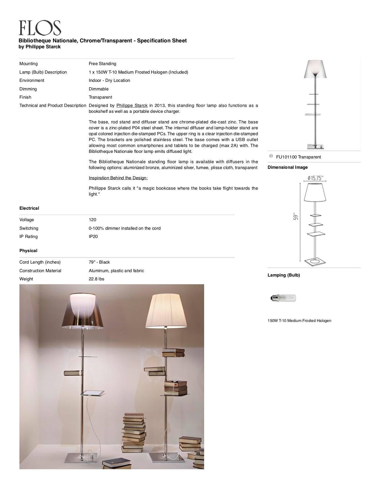 Italian FLOS Bibliotheque Nationale Chrome Floor Lamp with Clear Shade, Philippe Starck For Sale