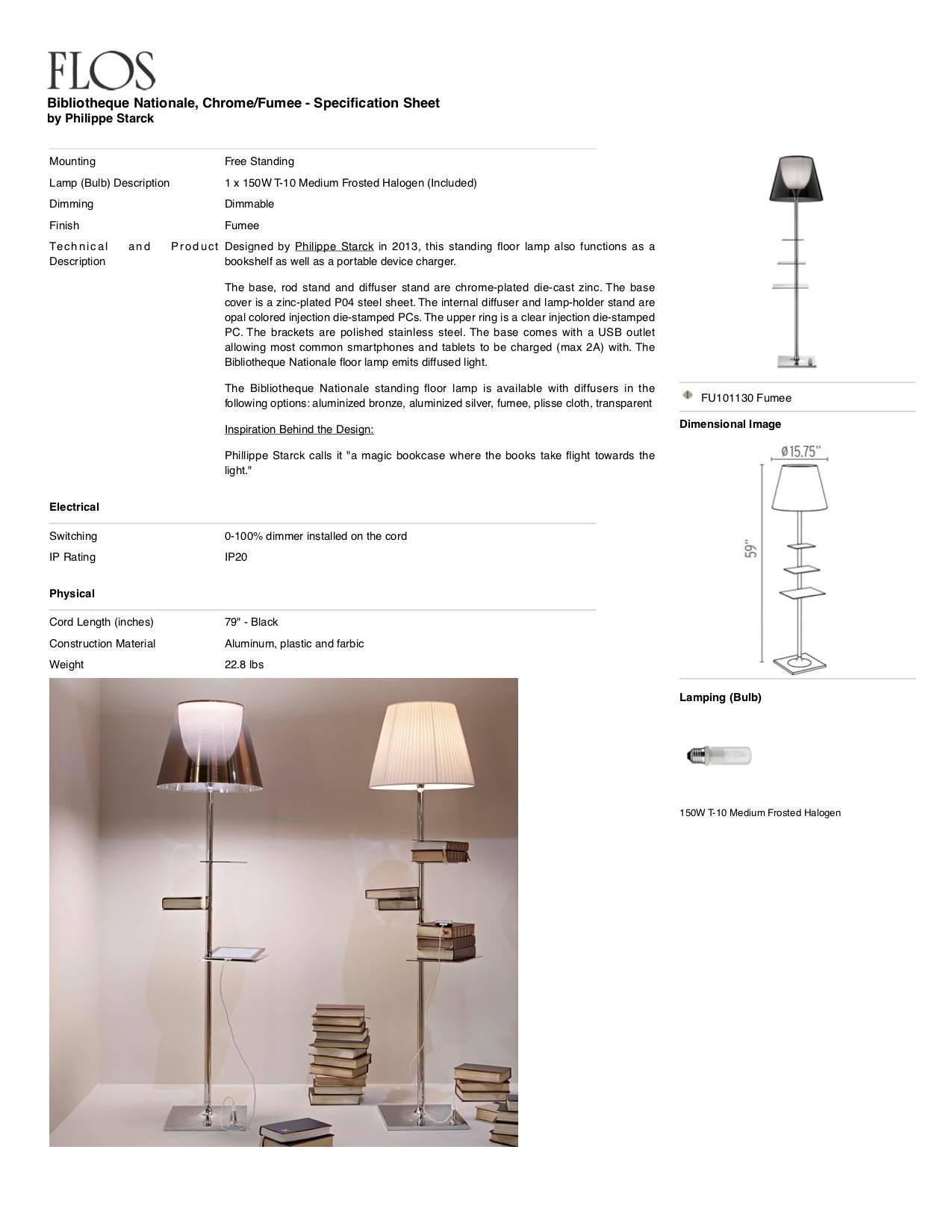 Italian FLOS Bibliotheque Nationale Chrome Floor Lamp with Fumee Shade, Philippe Starck For Sale