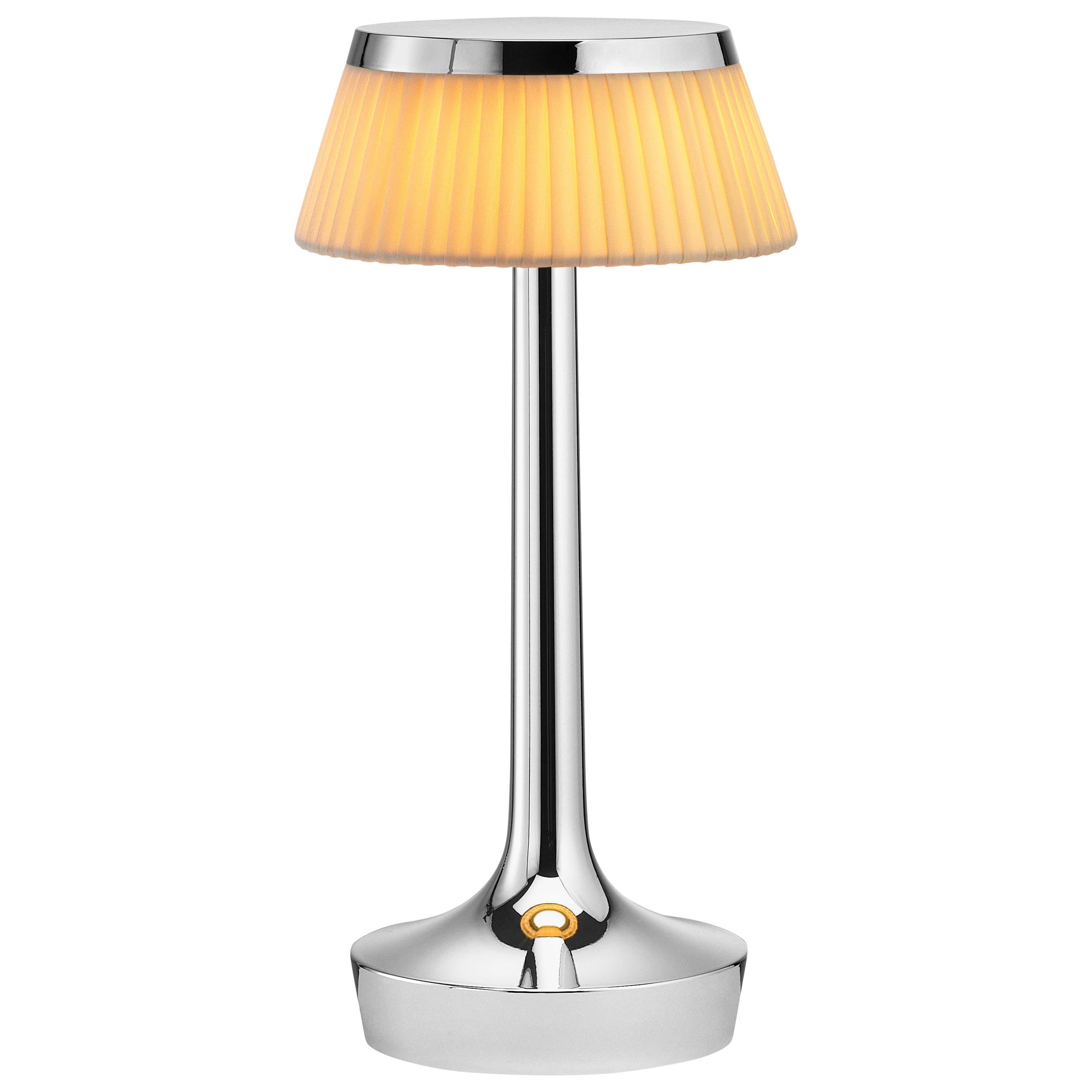 FLOS Bon Jour Unplugged Chrome Lamp w/ Plisse Cloth Crown by Philippe Starck For Sale