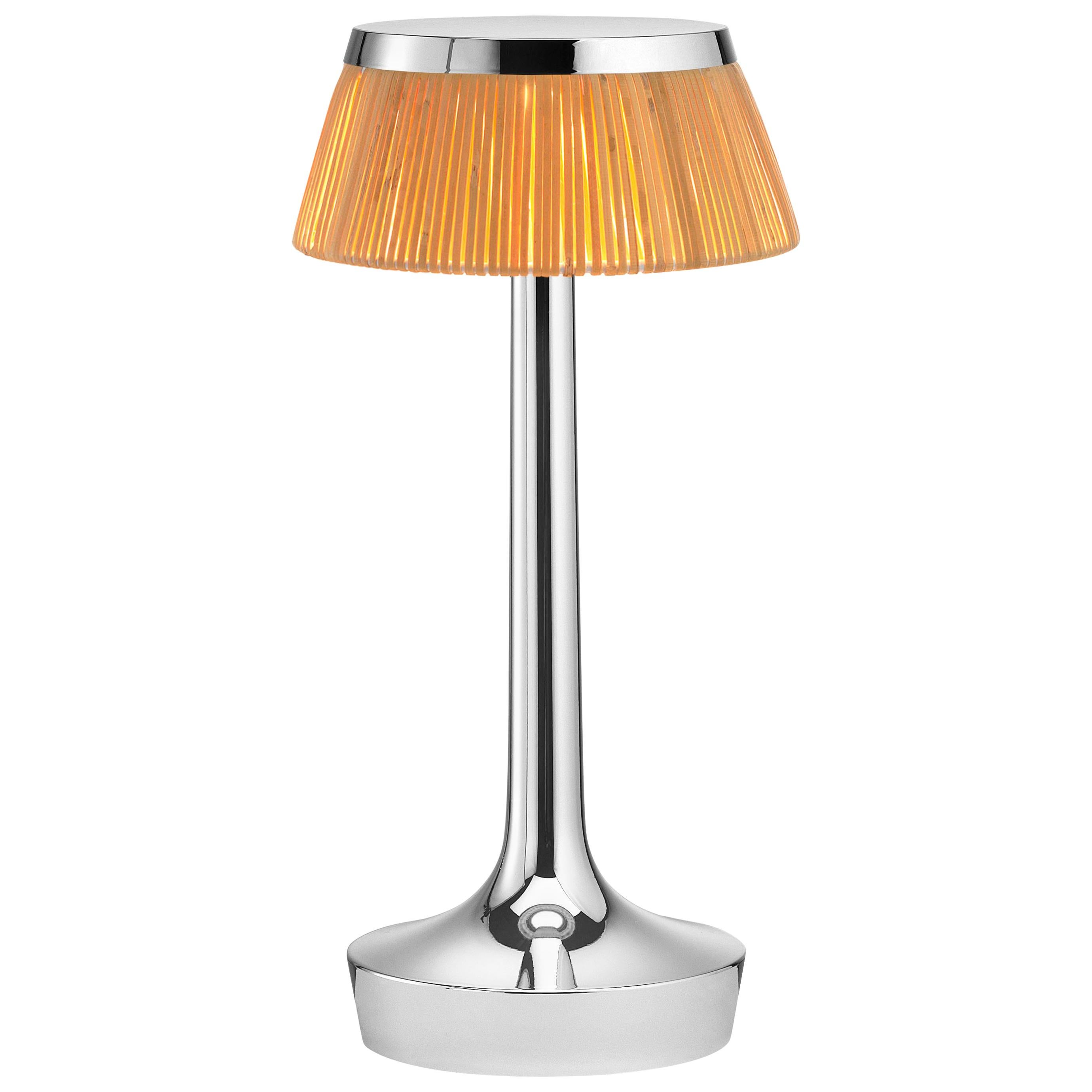 Lampe Bon Jour sans bougie FLOS en chrome avec couronne en rotin de Philippe Starck en vente