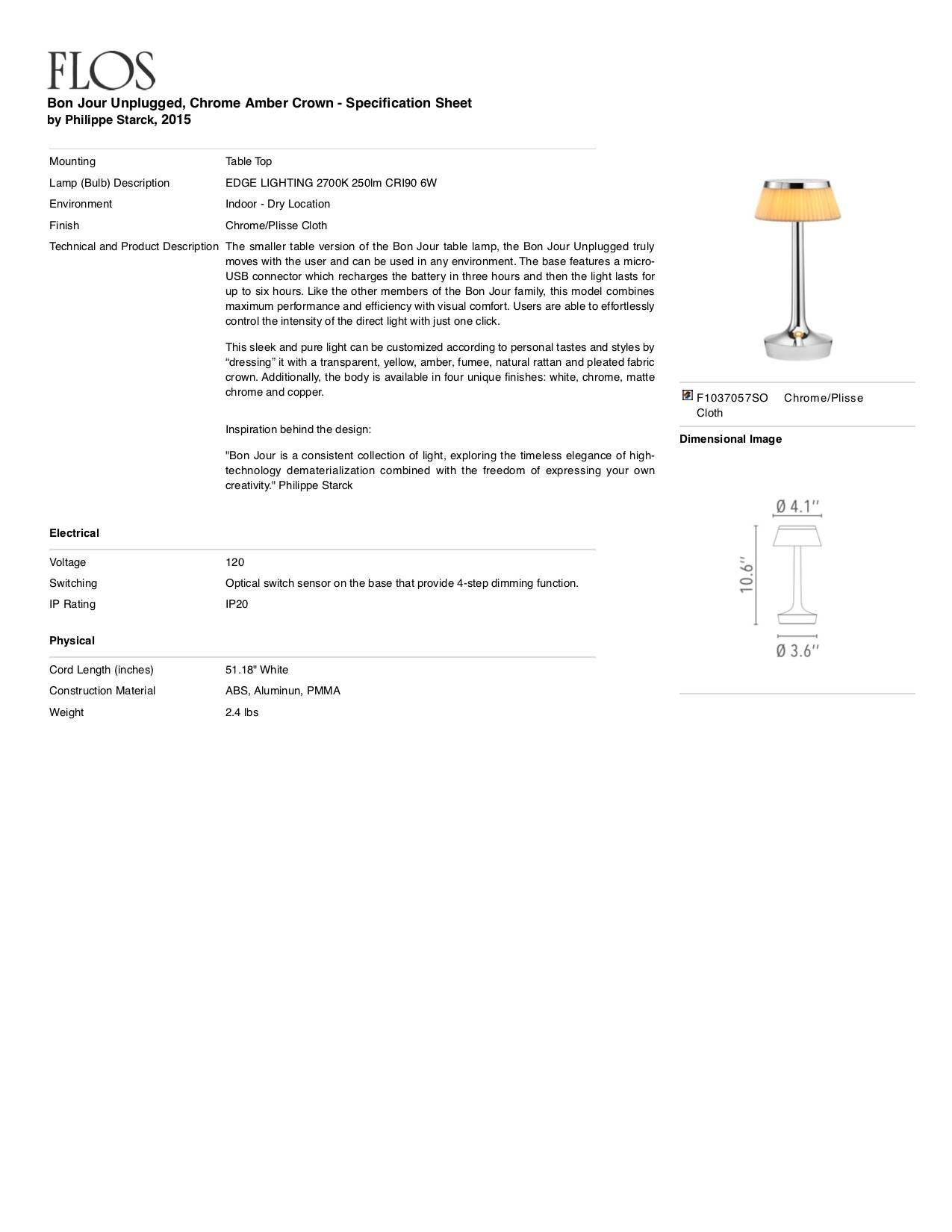 FLOS Bon Jour Unplugged Chrome Lamp w/ Transparent Crown by Philippe Starck In New Condition For Sale In Brooklyn, NY