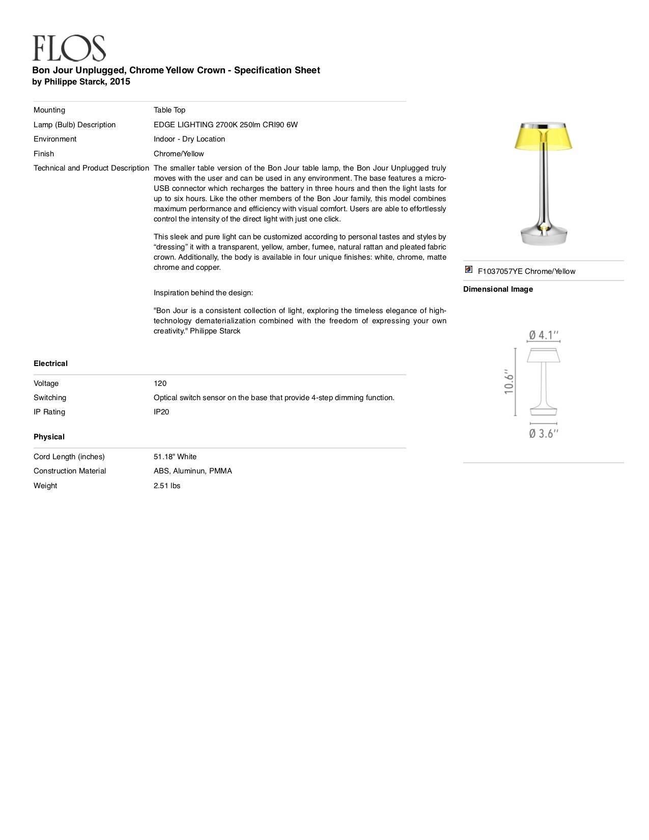 italien Lampe Bon Jour FLOS chromée non câblée avec couronne jaune de Philippe Starck en vente