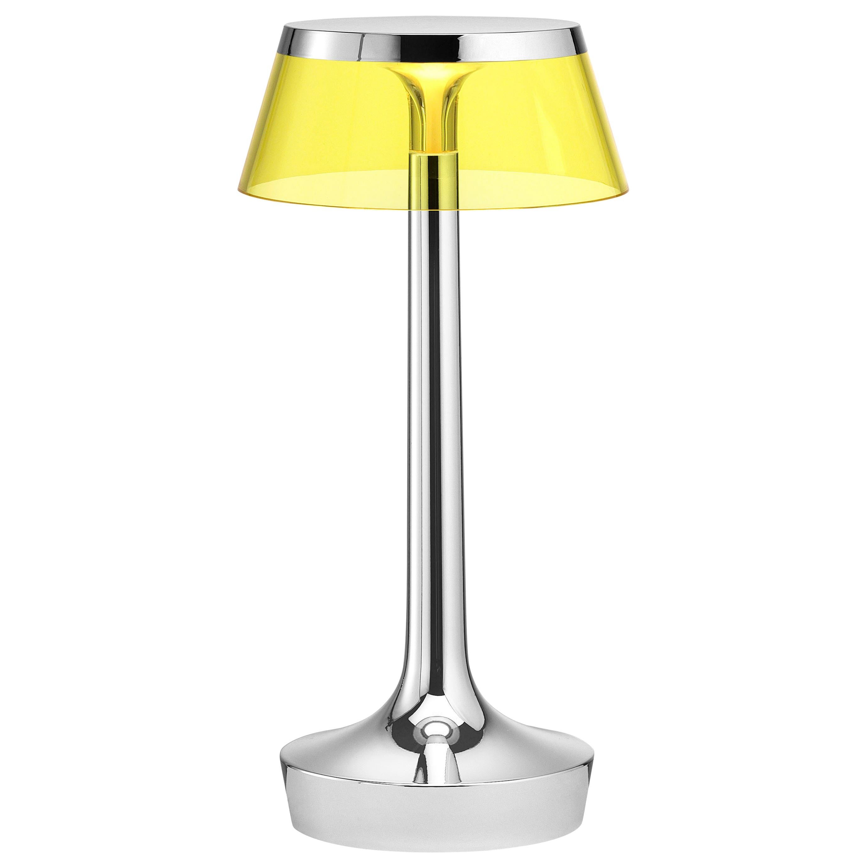 FLOS Bon Jour Unplugged Chrome Lamp w/ Yellow Crown by Philippe Starck For Sale