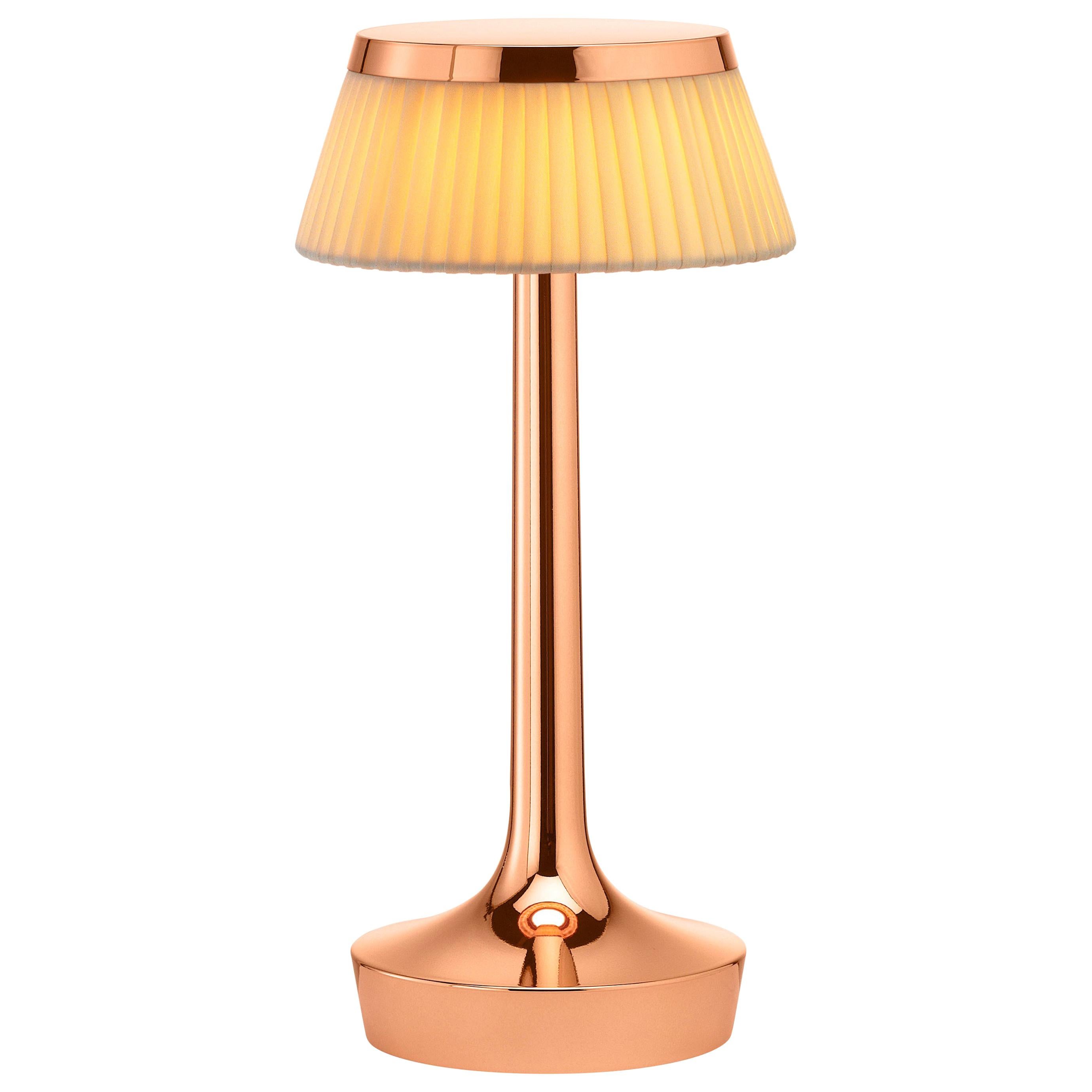 FLOS Bon Jour Unplugged Copper Lamp w/ Plisse Cloth Crown by Philippe Starck