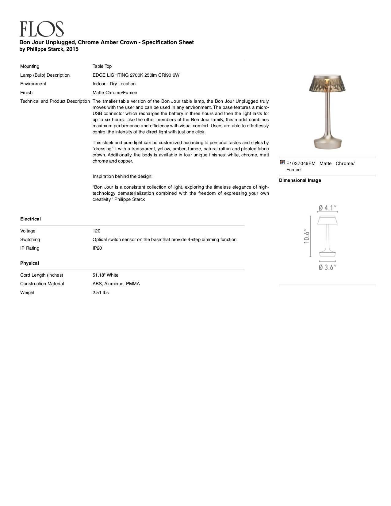 italien Lampe Bon Jour FLOS en chrome mat non câblée avec couronne en ambre de Philippe Starck en vente