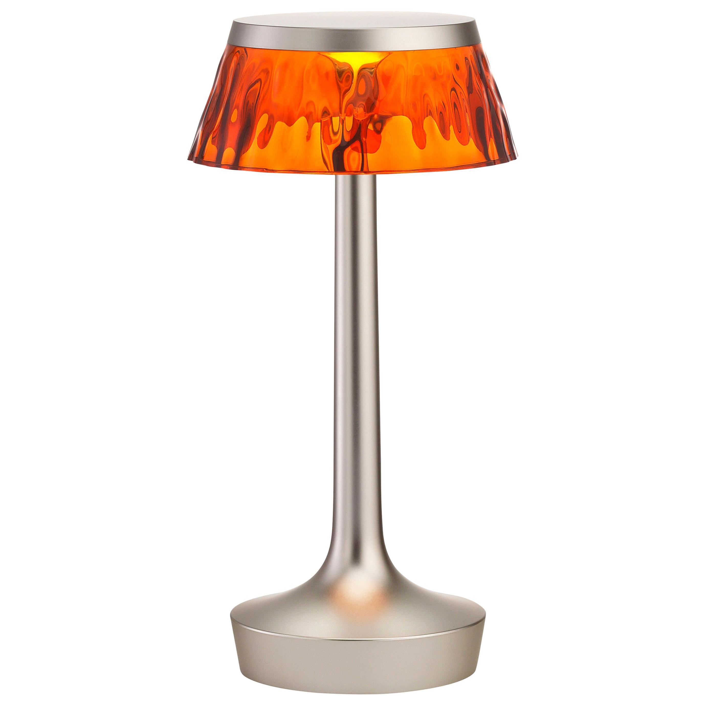 FLOS Bon Jour Unplugged Matte Chrome Lamp w/ Amber Crown by Philippe Starck