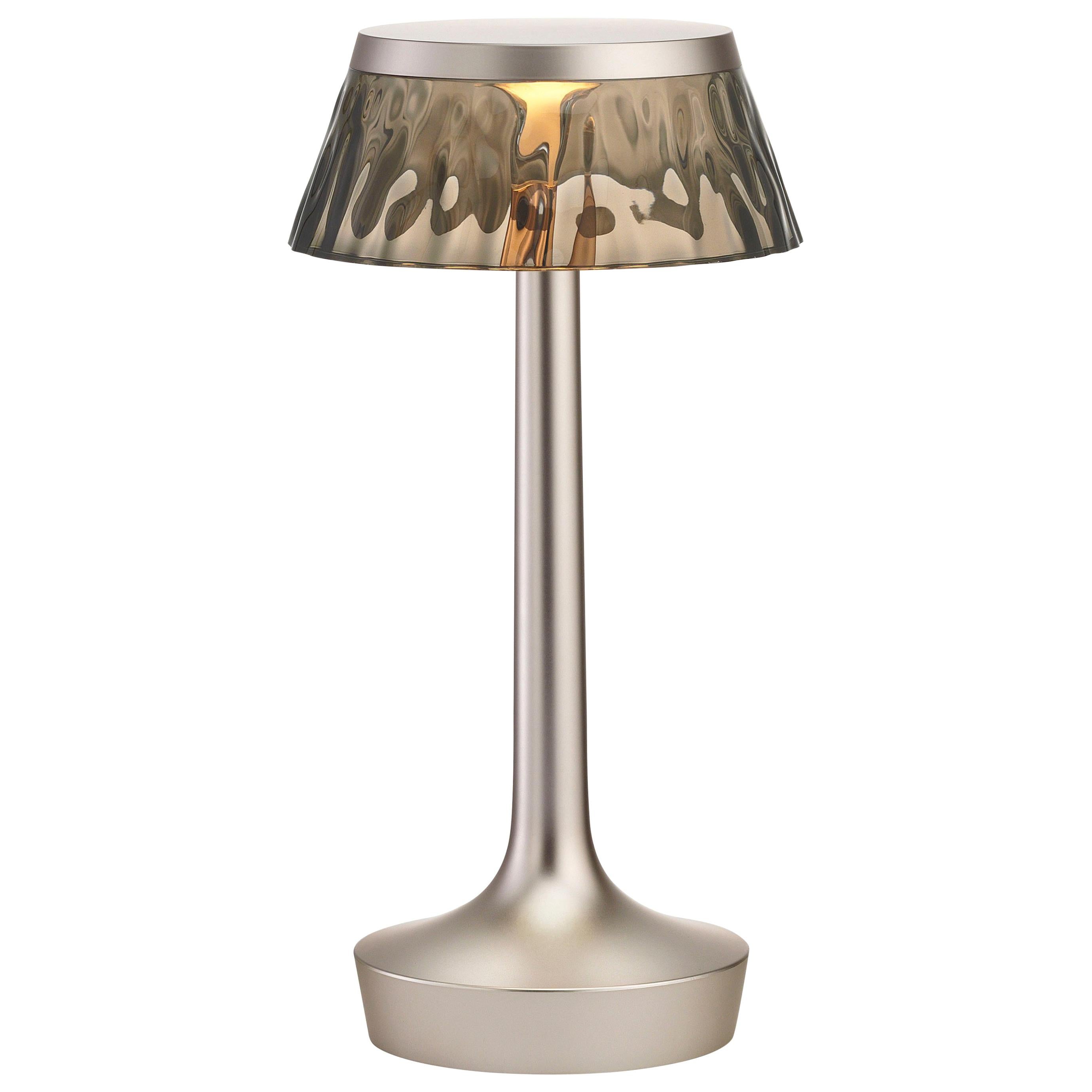 FLOS Bon Jour Unplugged Matte Chrome Lamp w/ Fumee Crown by Philippe Starck For Sale