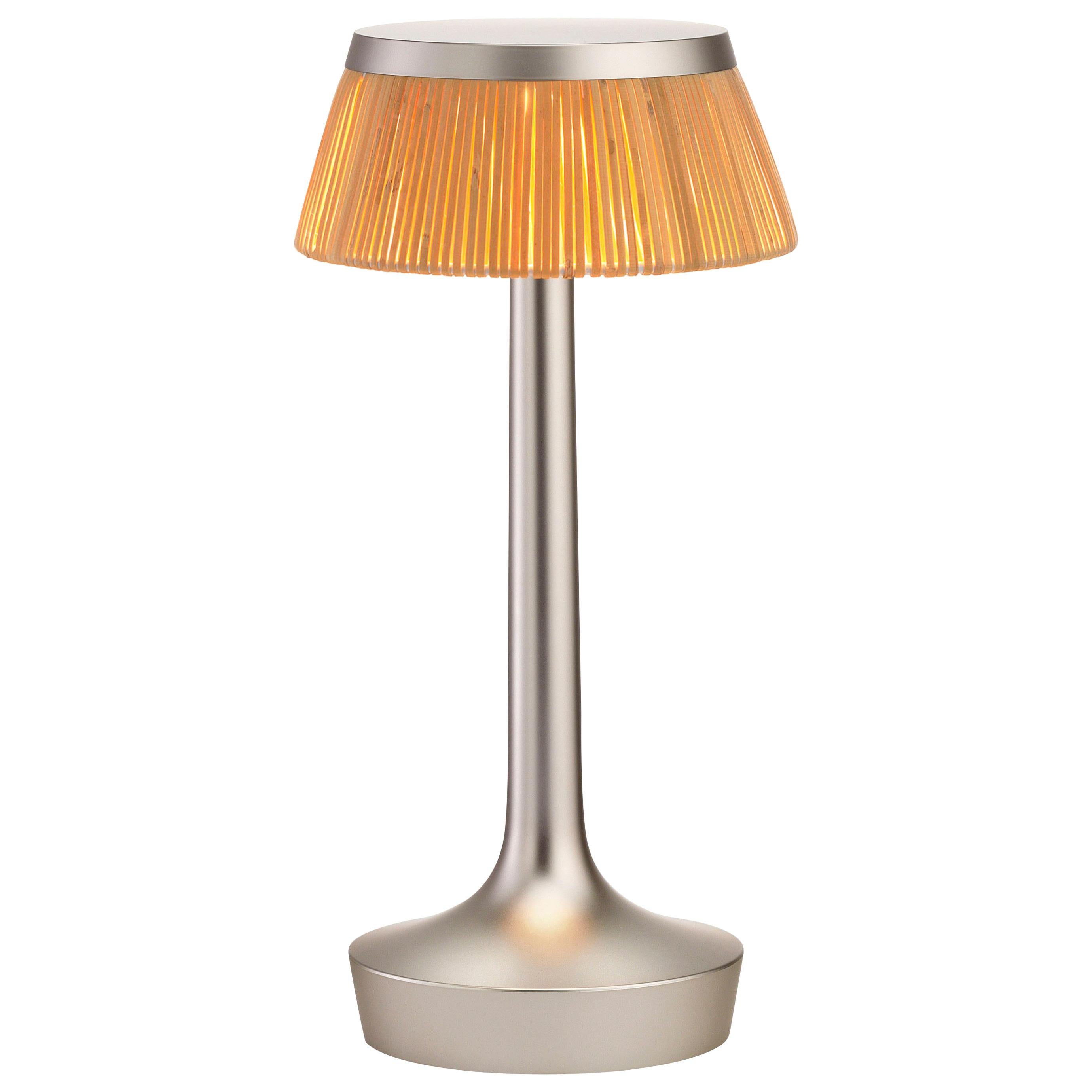 FLOS Bon Jour Unplugged Matte Chrome Lamp w/ Rattan Crown by Philippe Starck
