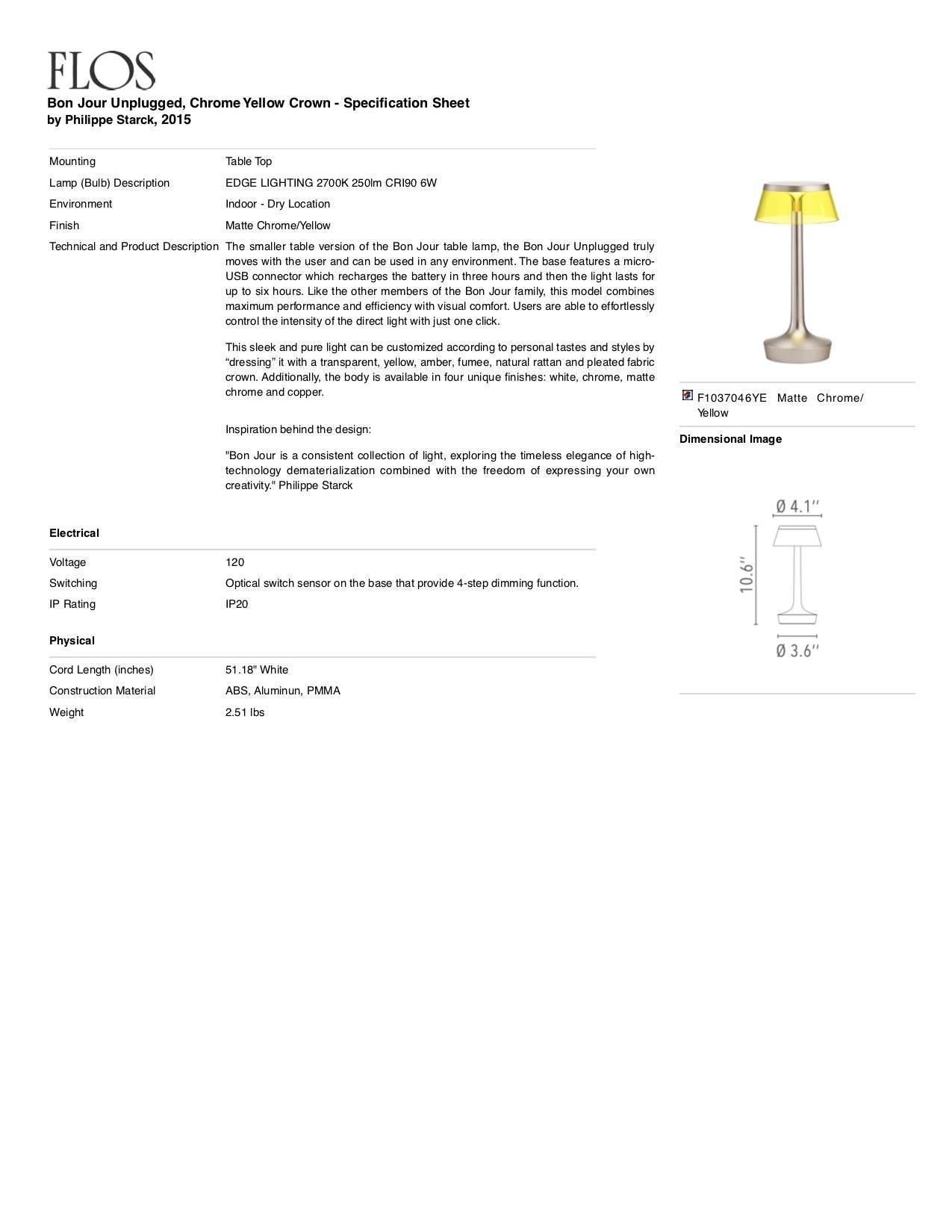 Italian FLOS Bon Jour Unplugged Matte Chrome Lamp with Yellow Crown by Philippe Starck For Sale