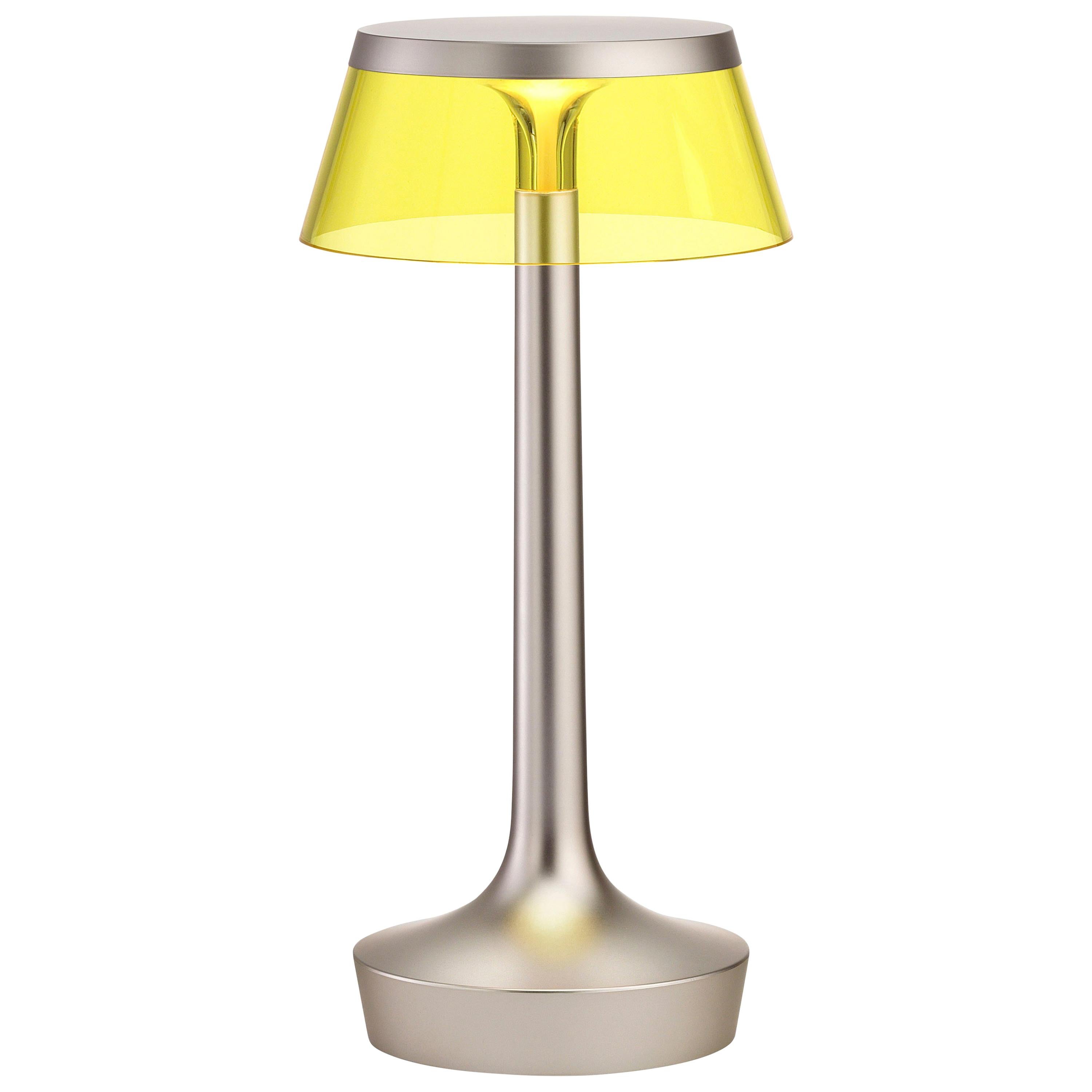 FLOS Bon Jour Unplugged Matte Chrome Lamp with Yellow Crown by Philippe Starck For Sale