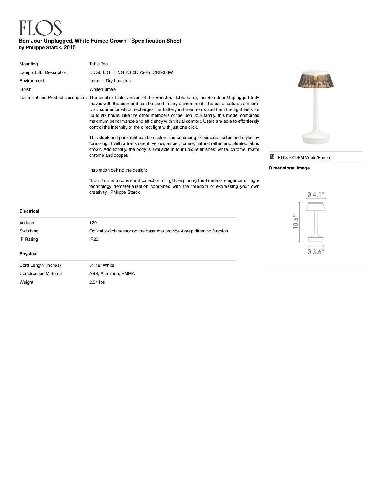 Italian FLOS Bon Jour Unplugged White Lamp w/ Fumee Crown by Philippe Starck For Sale