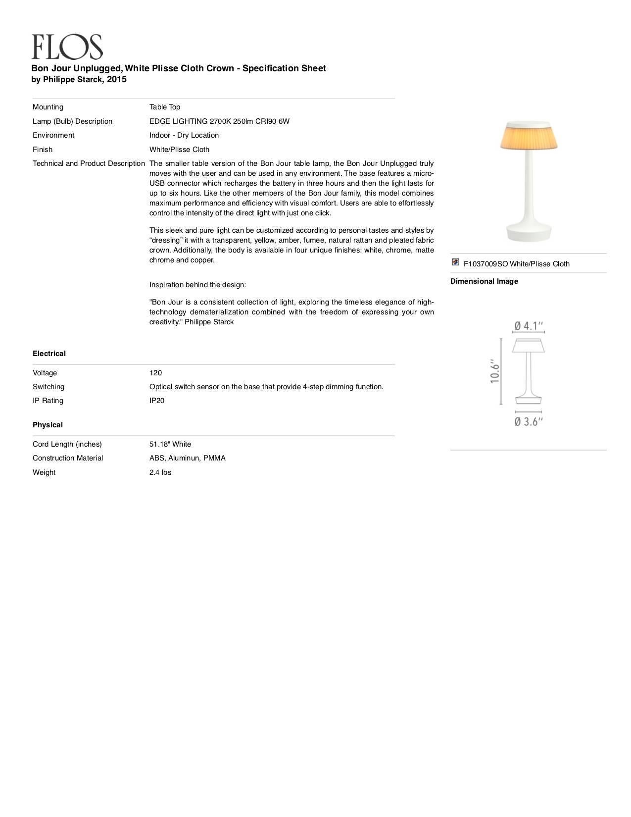Lámpara FLOS Bon Jour Unplugged Blanca c/ Corona de tela Plisse de Philippe Starck Italiano en venta