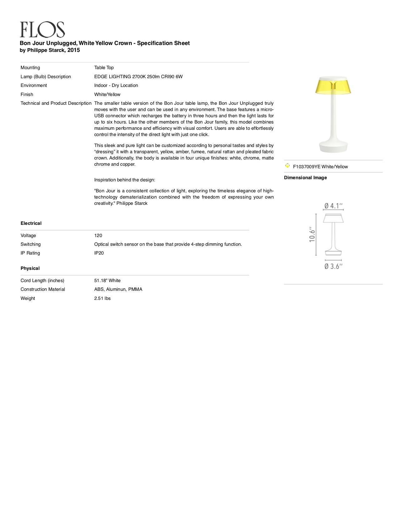 Italian FLOS Bon Jour Unplugged White Lamp with Yellow Crown by Philippe Starck For Sale