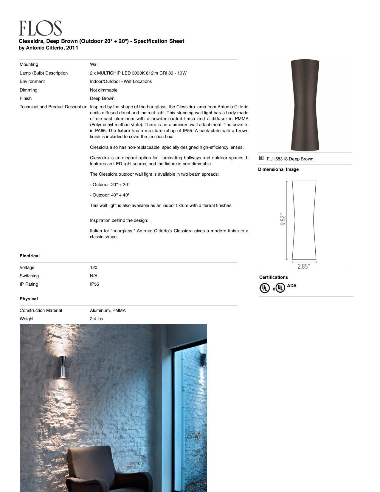 FLOS Clessidra 20° + 20° Outdoor Wall Lamp in Deep Brown by Antonio Citterio In New Condition For Sale In Brooklyn, NY