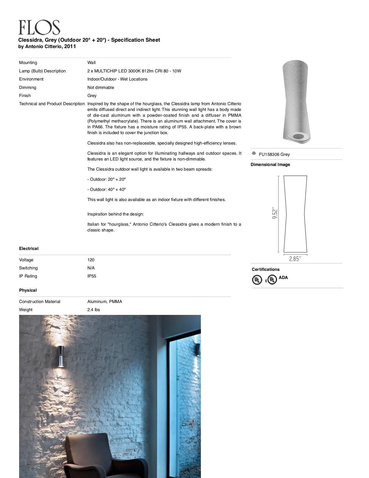 Modern FLOS Clessidra 20° + 20° Outdoor Wall Lamp in Grey by Antonio Citterio For Sale