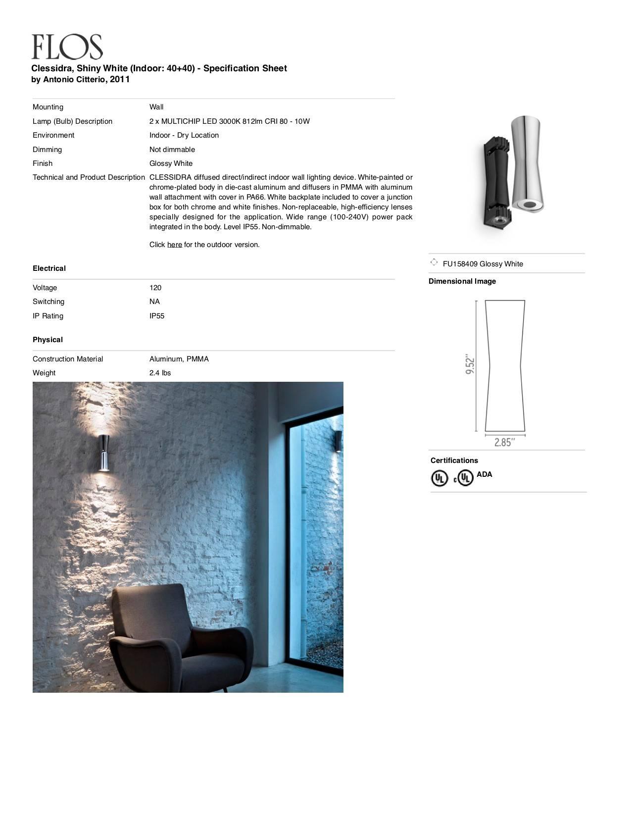 FLOS Clessidra 40° + 40° Lámpara de pared de interior en blanco brillante by Antonio Citterio Italiano en venta
