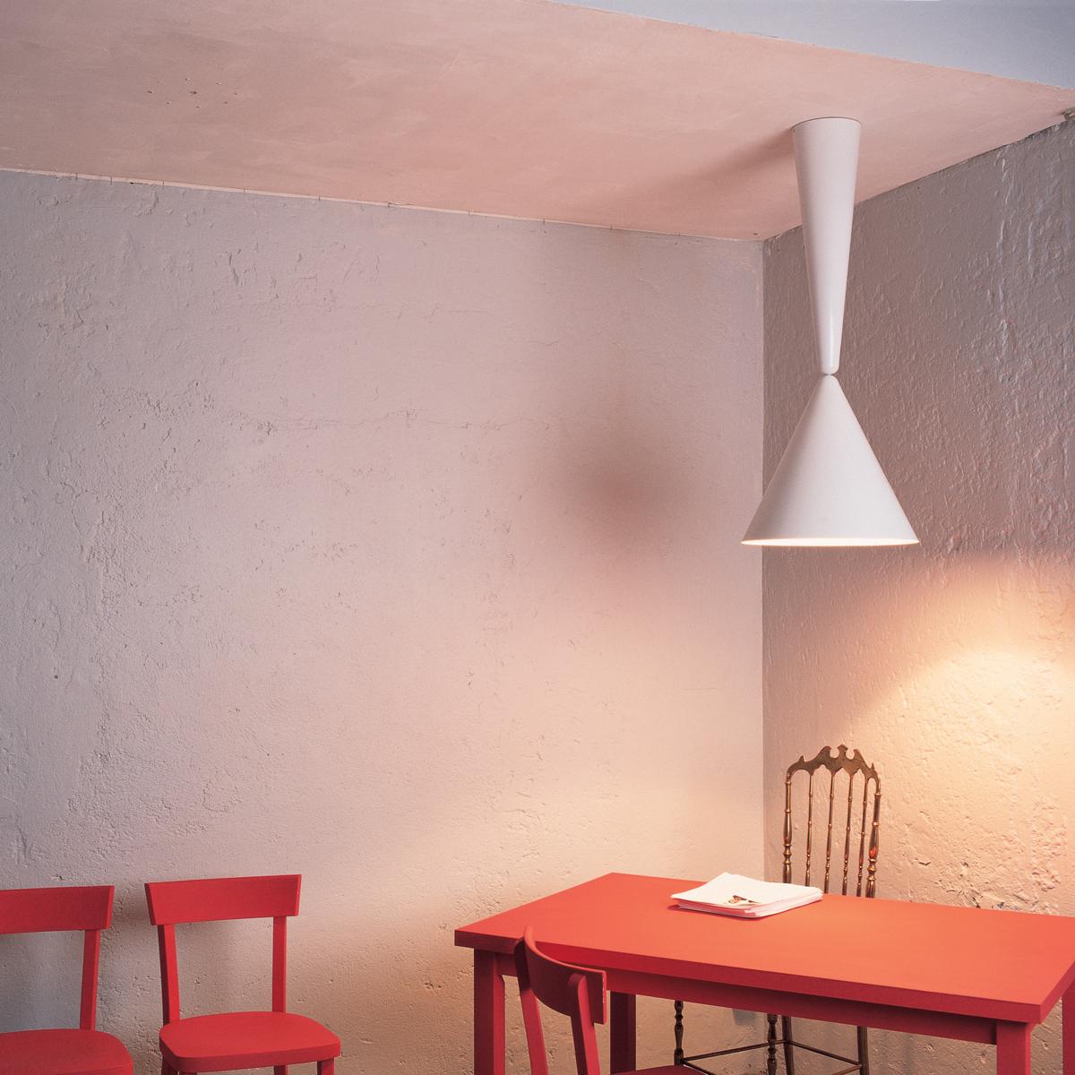 Pendant light with direct lighting designed by A. Castiglioni, composed of a ceiling rose and diffuser. Body in aluminium with external paint in 3 different colour options (shiny white, beaver brown, and cherry red), while the inside of the diffuser