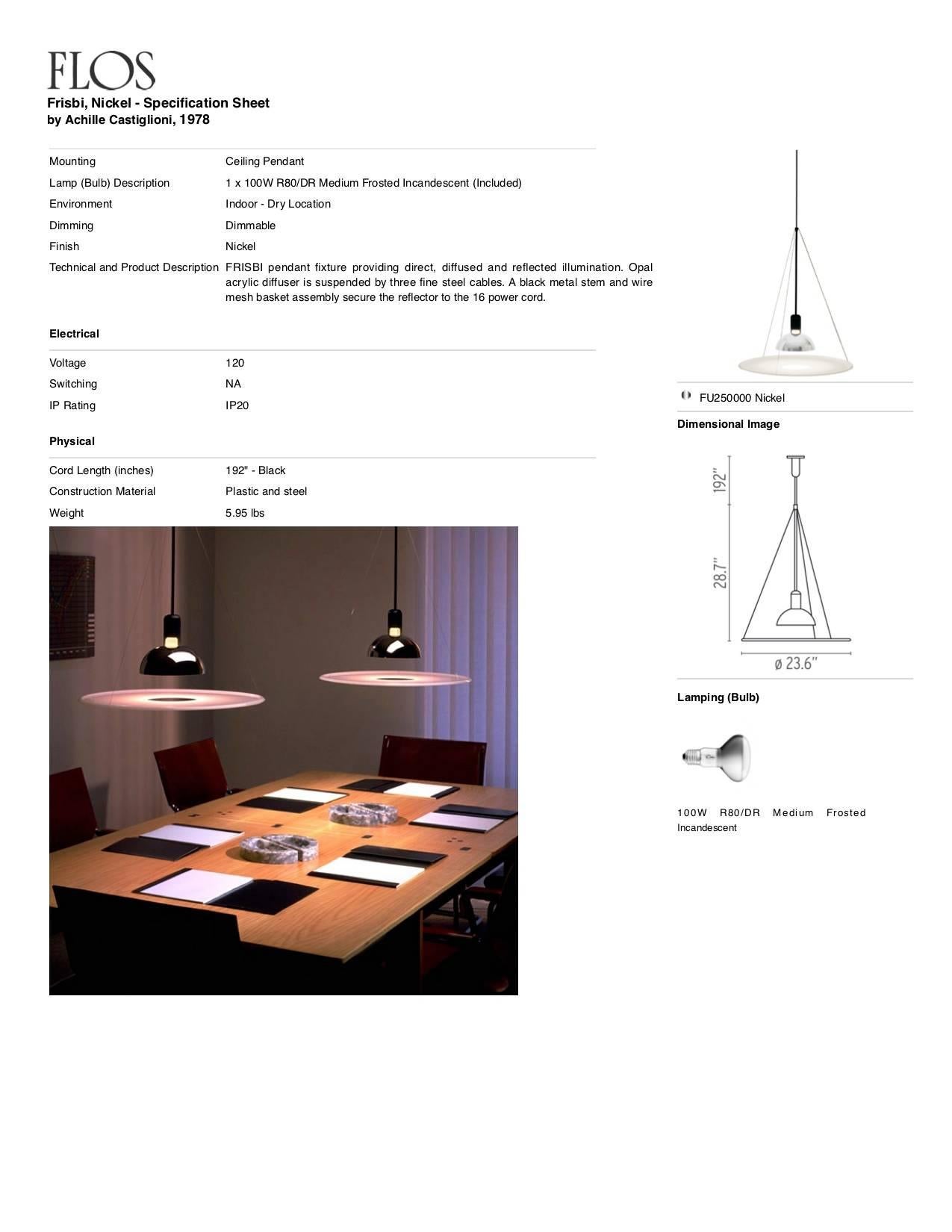 Acier Lampe à suspension Frisbi en nickel par Achille Castiglioni en vente