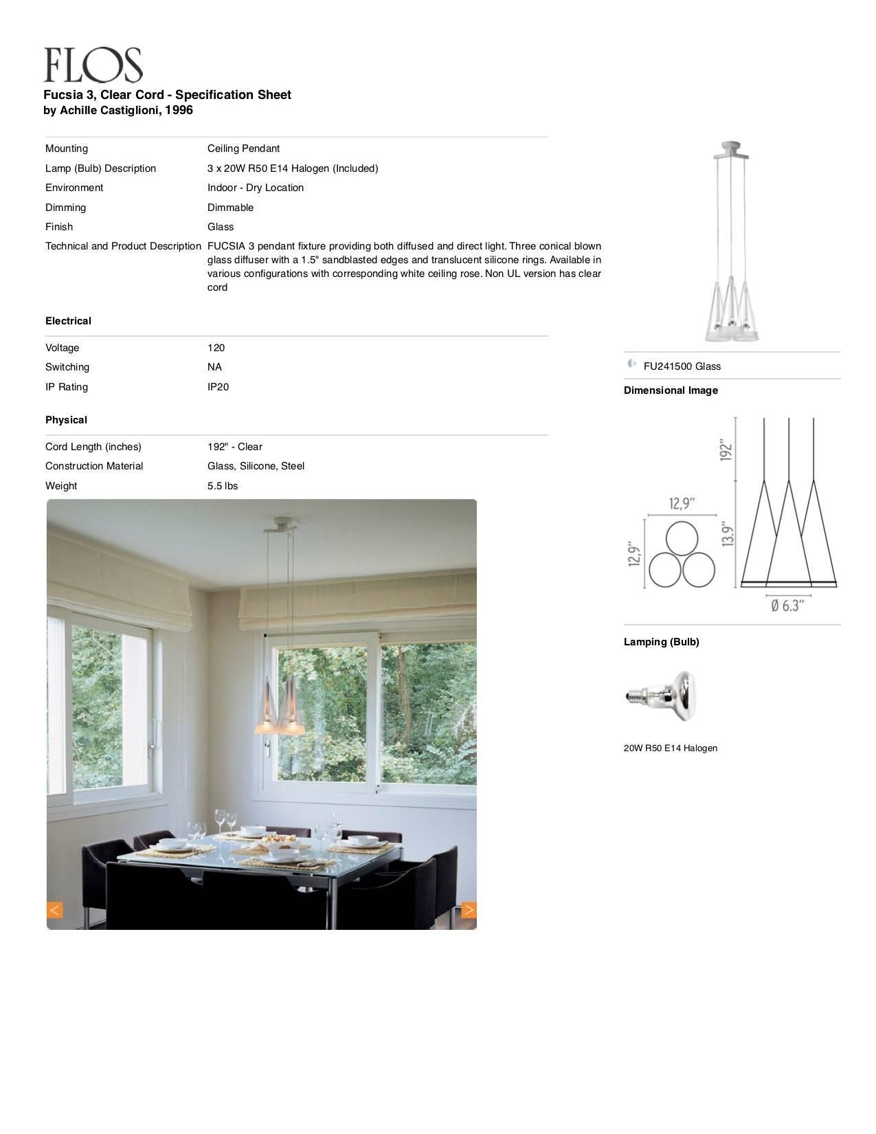 FLOS Fucsia 3 Pendant Light w/ Clear Cord by Achille Castiglioni For Sale  at 1stDibs