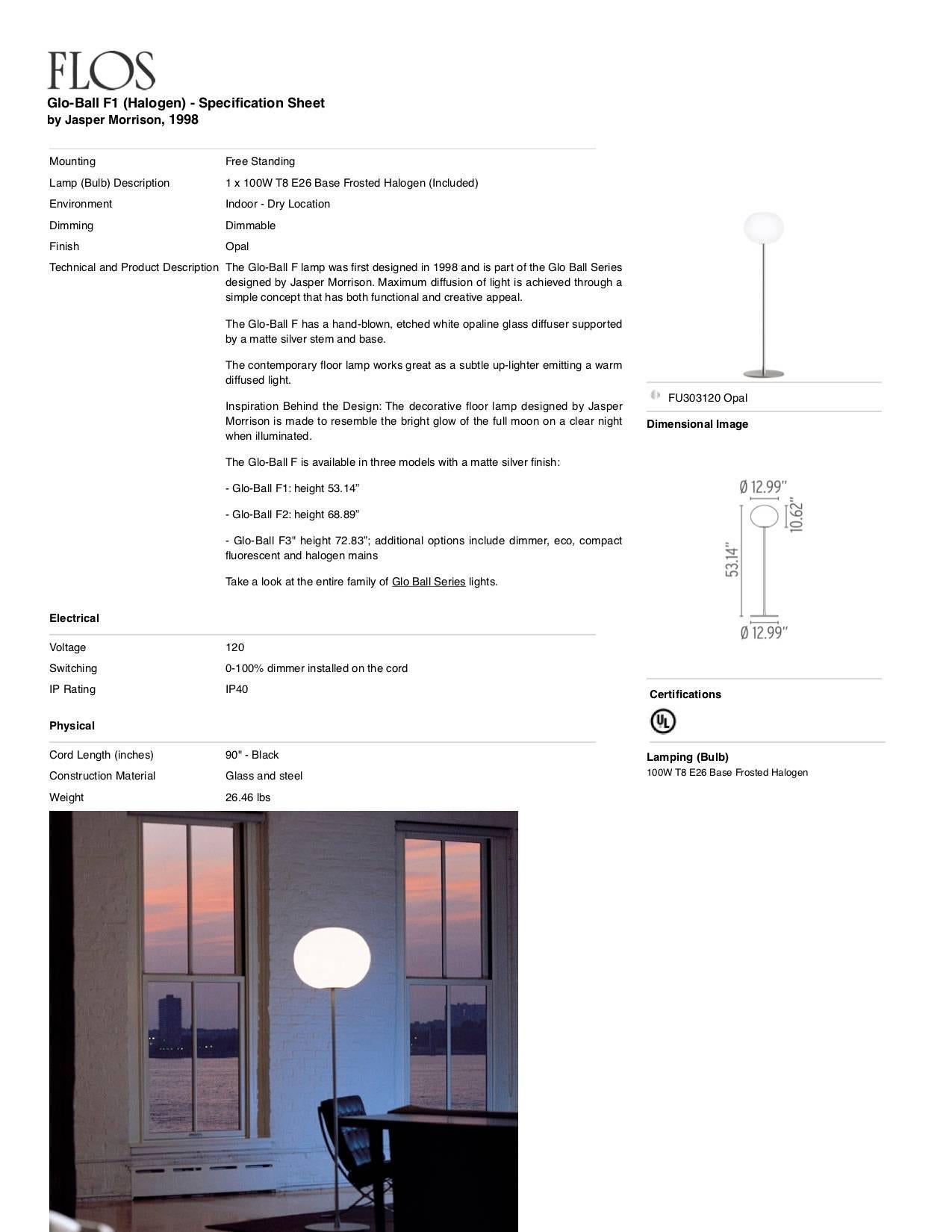 Italian Jasper Morrison Modern Sphere Glass Stainless Steel F1 Floor Lamp for FLOS For Sale