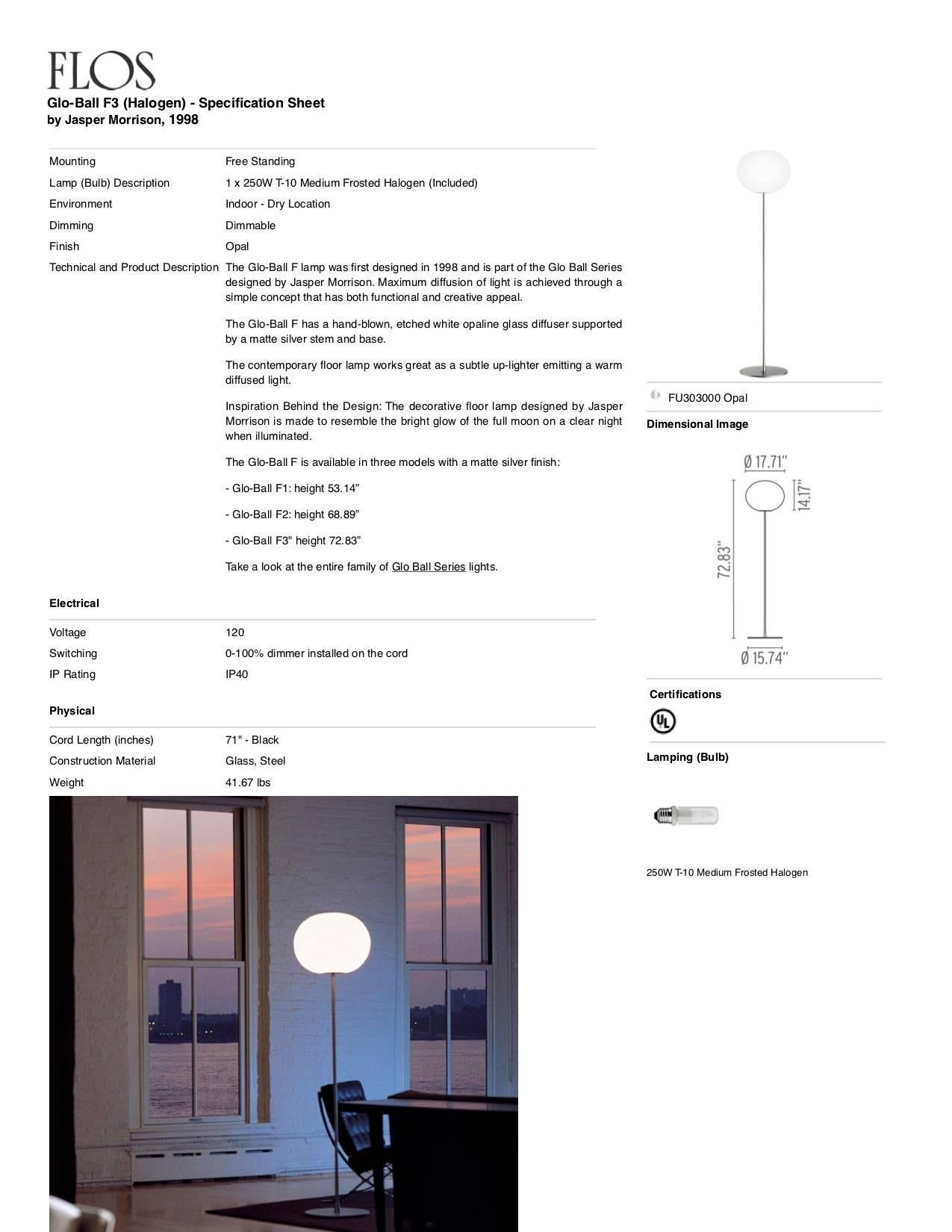 Italian Jasper Morrison Modern Sphere Glass Stainless Steel F3 Floor Lamp for FLOS For Sale