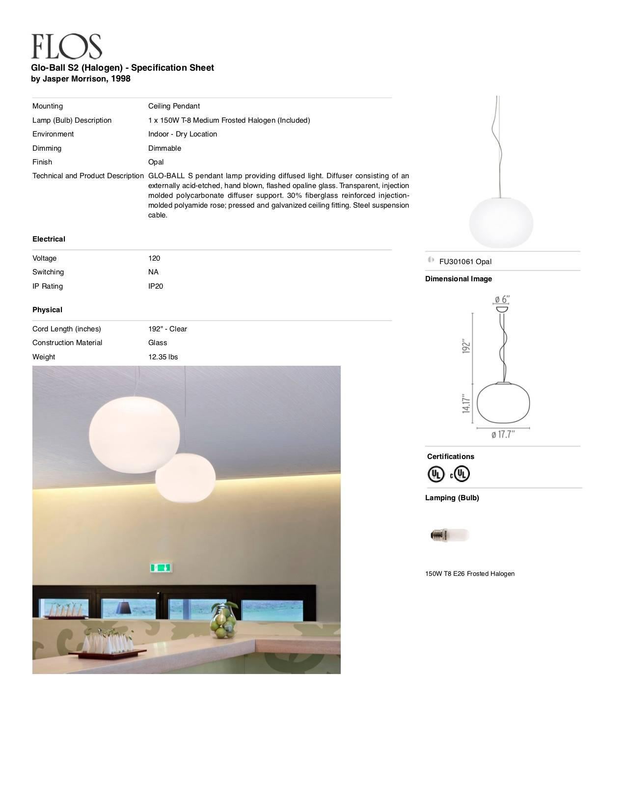 Verre Lampe à suspension sphérique moderne en verre et acier inoxydable S2 de Jasper Morrison pour FLOS en vente