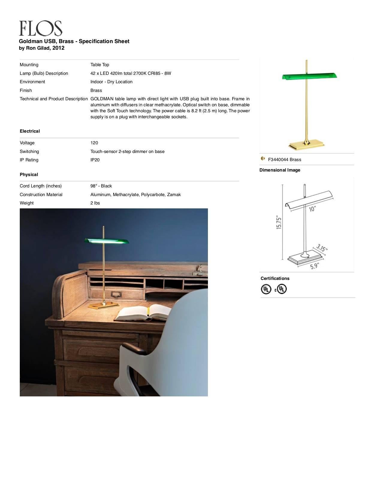 XXIe siècle et contemporain Lampe de bureau USB FLOS Goldman en laiton par Ron Gilad en vente