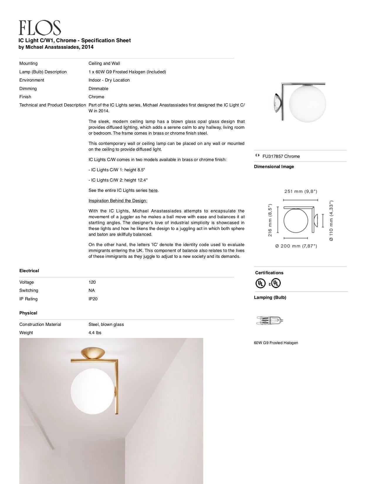 Italiano Michael Anastassiades IC1 - Lampada da soffitto e da parete moderna in vetro e acciaio nero per FLOS in vendita