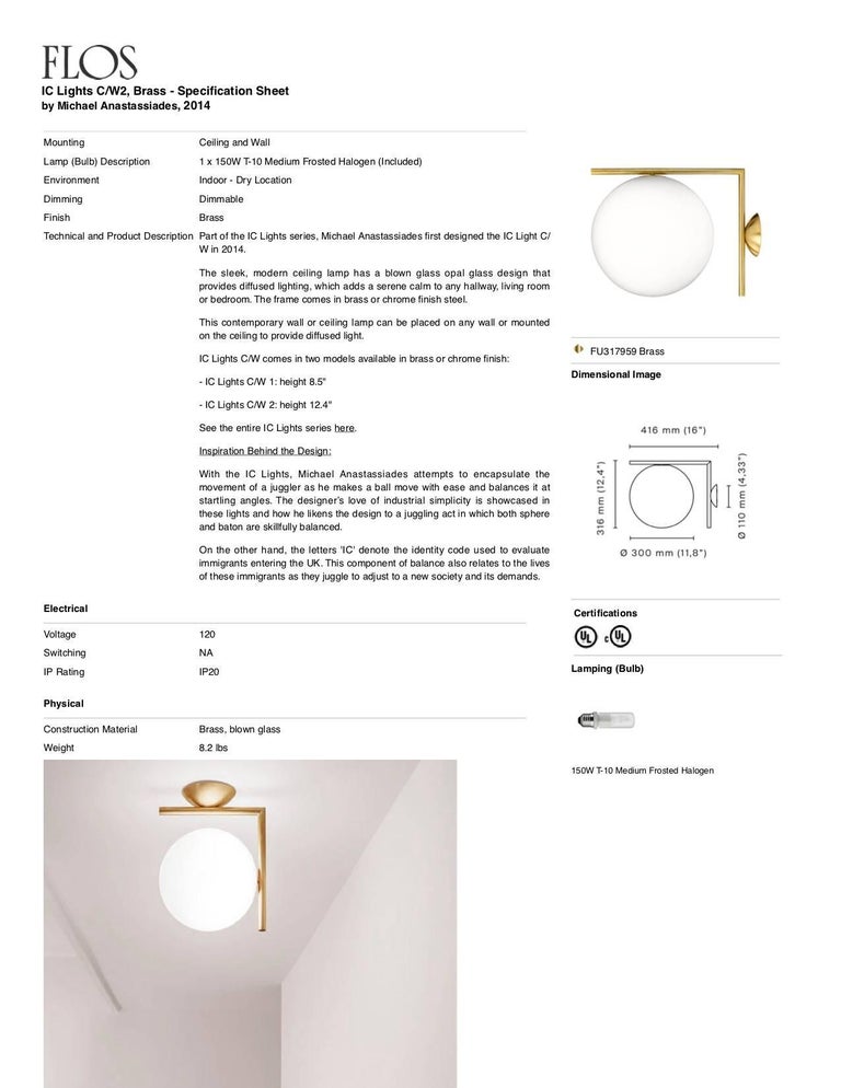 Michael Anastassiades IC2 Modern Brass and Glass Ceiling and Wall Sconce  for FLOS For Sale at 1stDibs | ic lights ceiling/wall 2, ic2 flos, flos ic  lights c/w