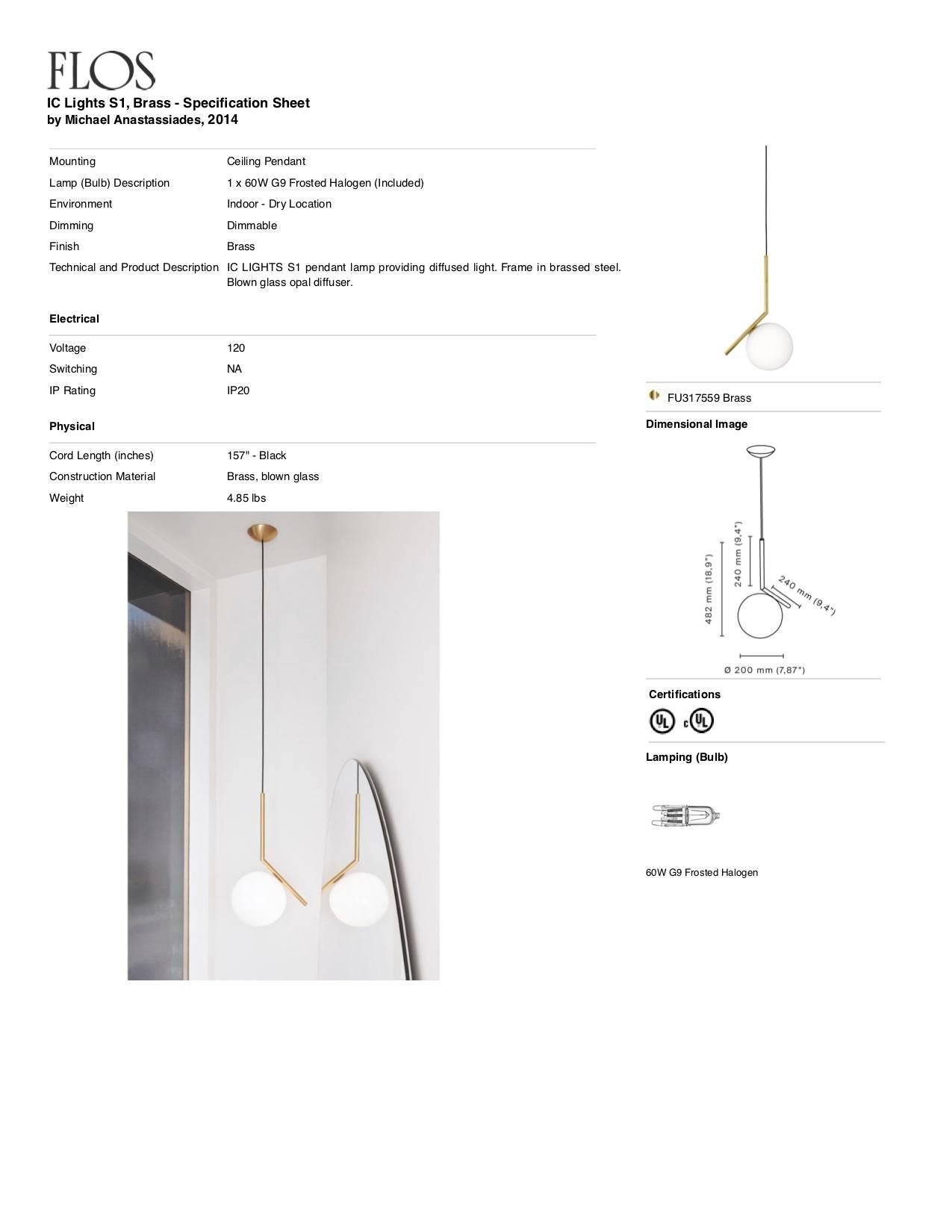 italien Lampe à suspension moderne minimaliste en laiton et verre S1 de Michael Anastassiades pour FLOS en vente