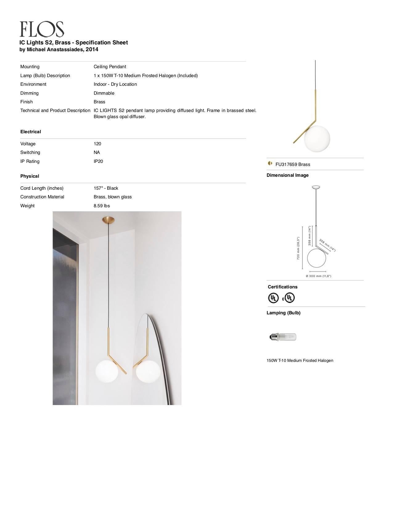 italien Lampe à suspension moderne minimaliste en laiton et verre S2 de Michael Anastassiades pour FLOS en vente