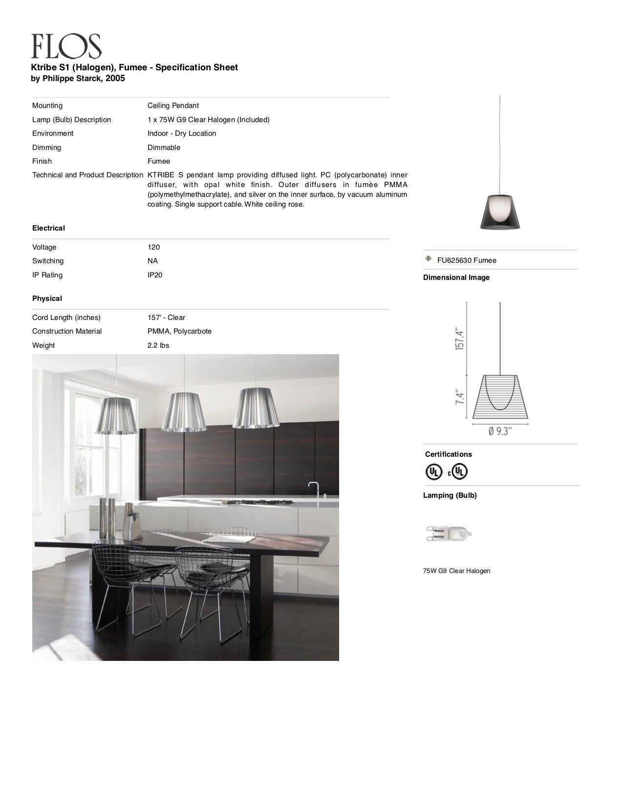 Contemporary FLOS Ktribe S1 Halogen Pendant Light in Fumee by Philippe Starck