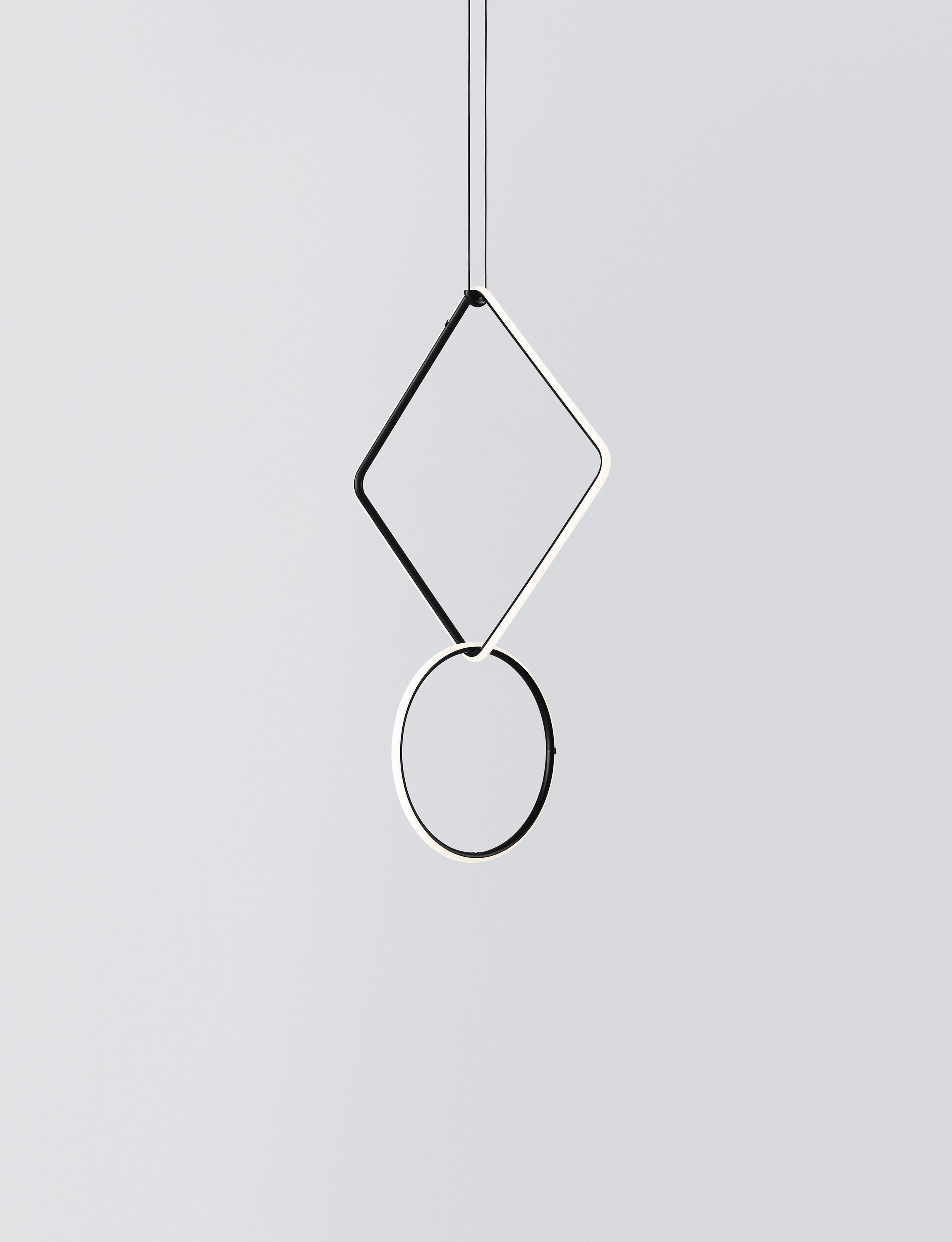 Arrangements is a modular system of geometric light elements that can be combined in different ways, creating multiple compositions into individual chandeliers. Each unit simply attaches onto the previous one as if resting, balancing perfectly as a