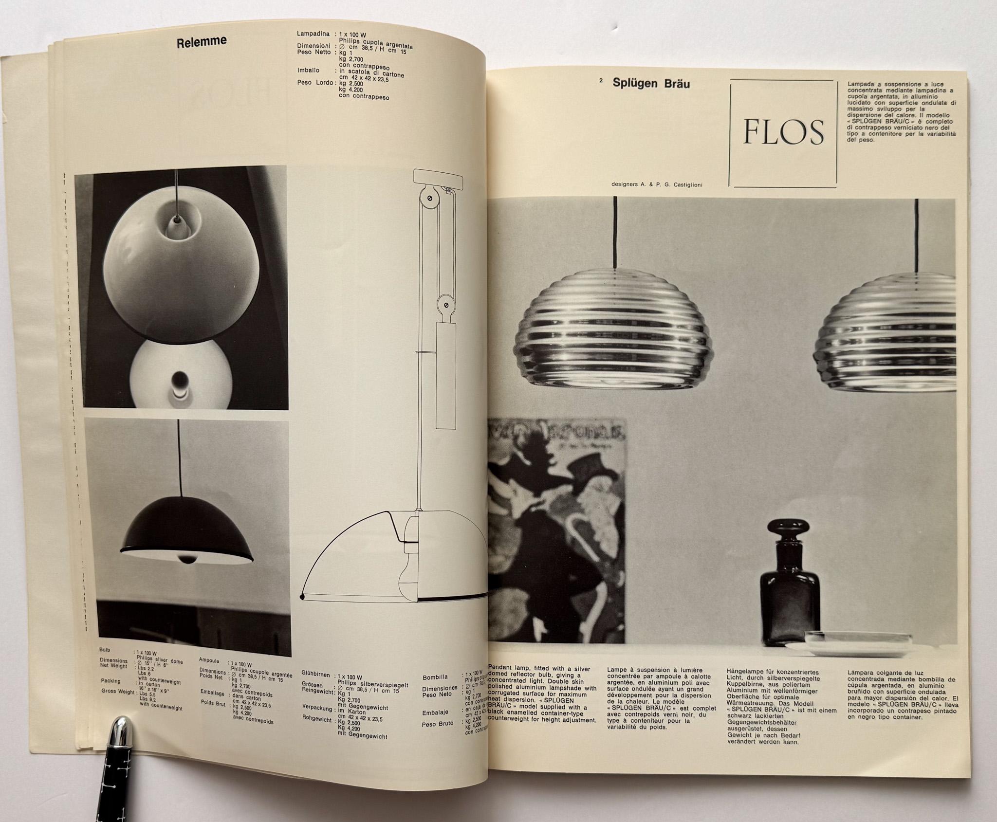 Catalogue du fabricant de CIRCA, datant de 1968.  L'entreprise italienne d'éclairage Flos, qui présente les designs novateurs et influents de Tobia Scarpa et d'Achille et Pier Giacomo Castiglioni. Fondé en 1962 par Cesar et Cesare Cassina en tant