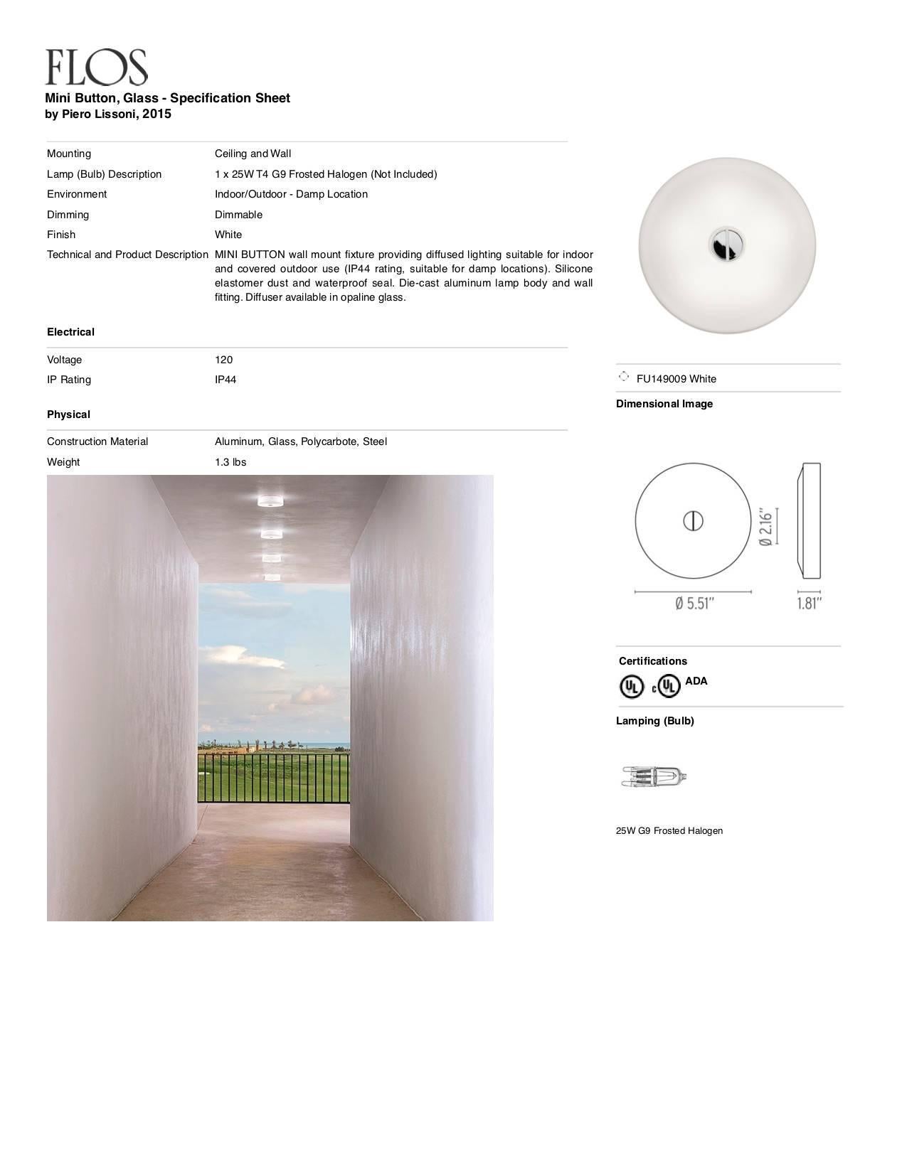 FLOS Mini Button Wall and Ceiling Light in Glass by Piero Lissoni In New Condition For Sale In Brooklyn, NY