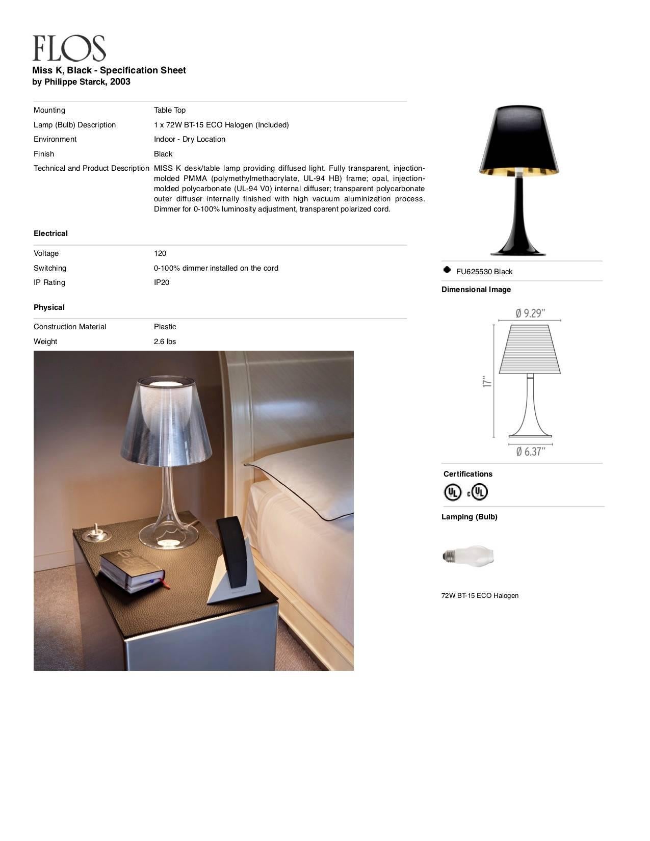 Italian FLOS Miss K Table Lamp in Black by Philippe Starck For Sale