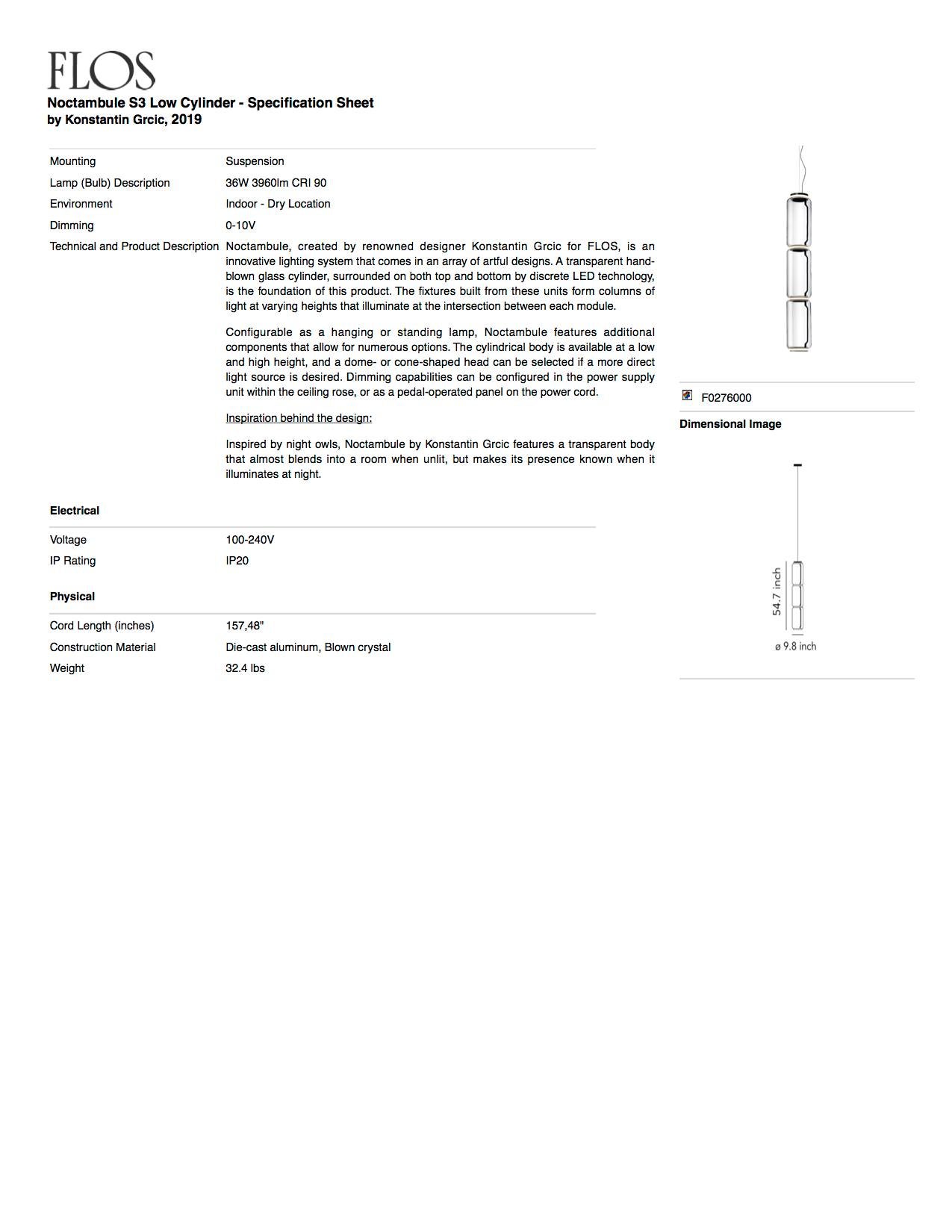 Verre Lampe à suspension Flos Noctambule avec 3 cylindres de Konstantin Grcic en vente