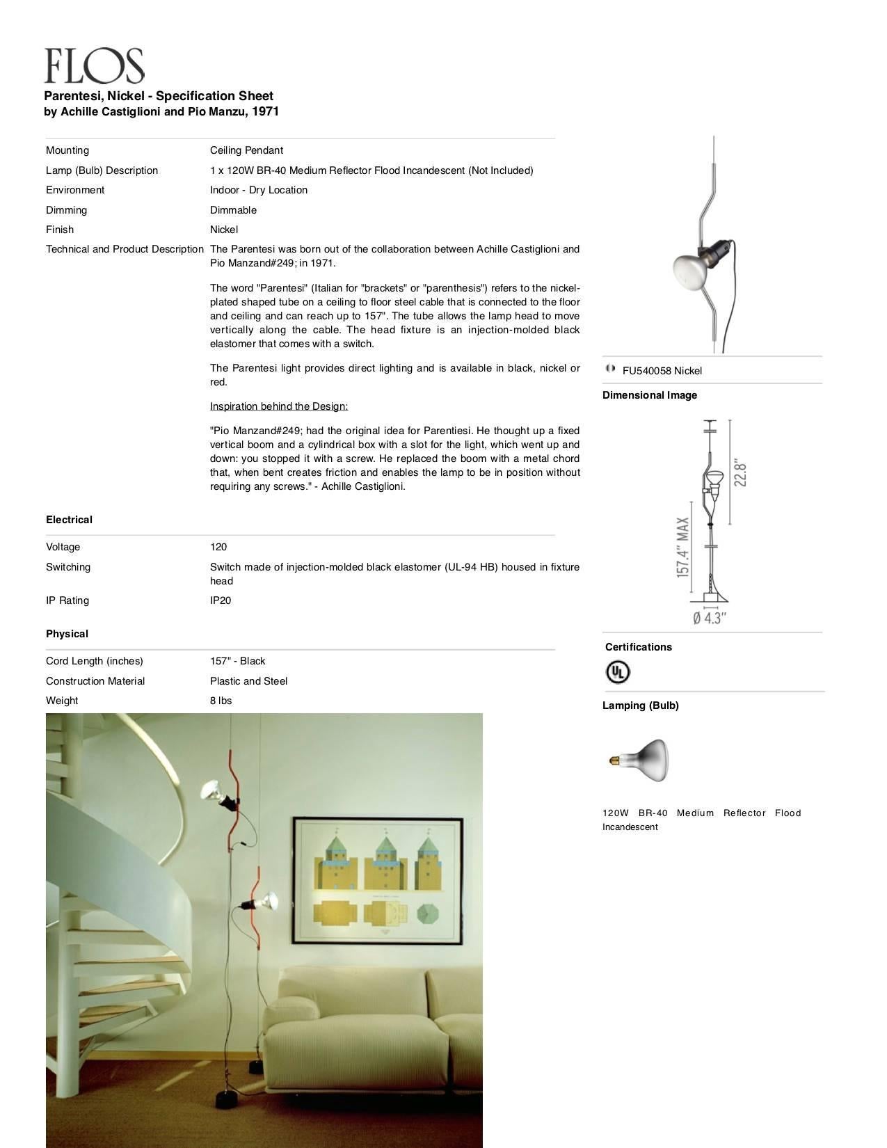 Lámpara colgante Parentesi de Flos en níquel by Achille Castiglioni & Pio Manzu en venta 7